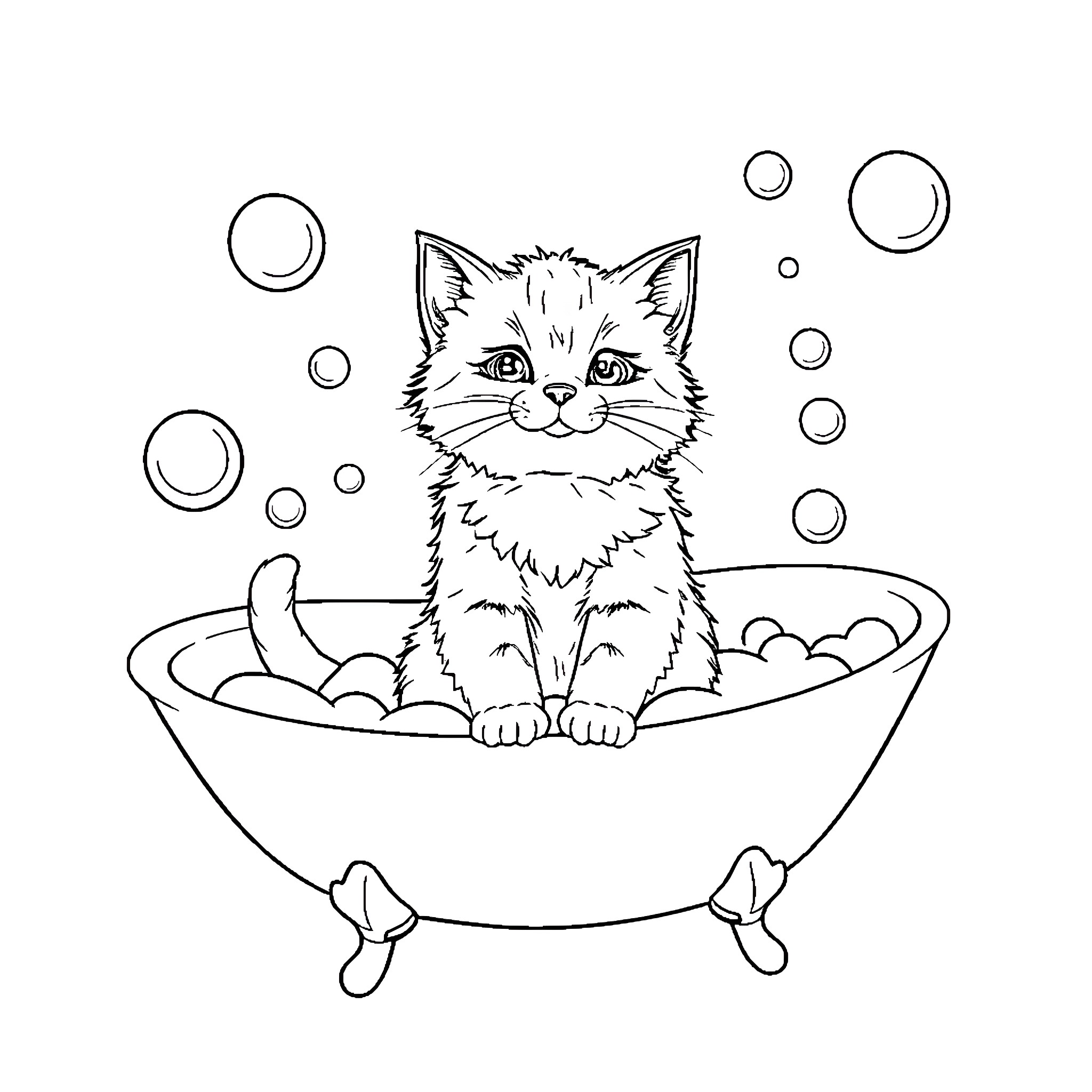Cat taking a relaxing bath Coloring Page (free black-and-white line drawing printable PDF for all, from beginners to advanced learners, including children, teens, adults, and seniors)
