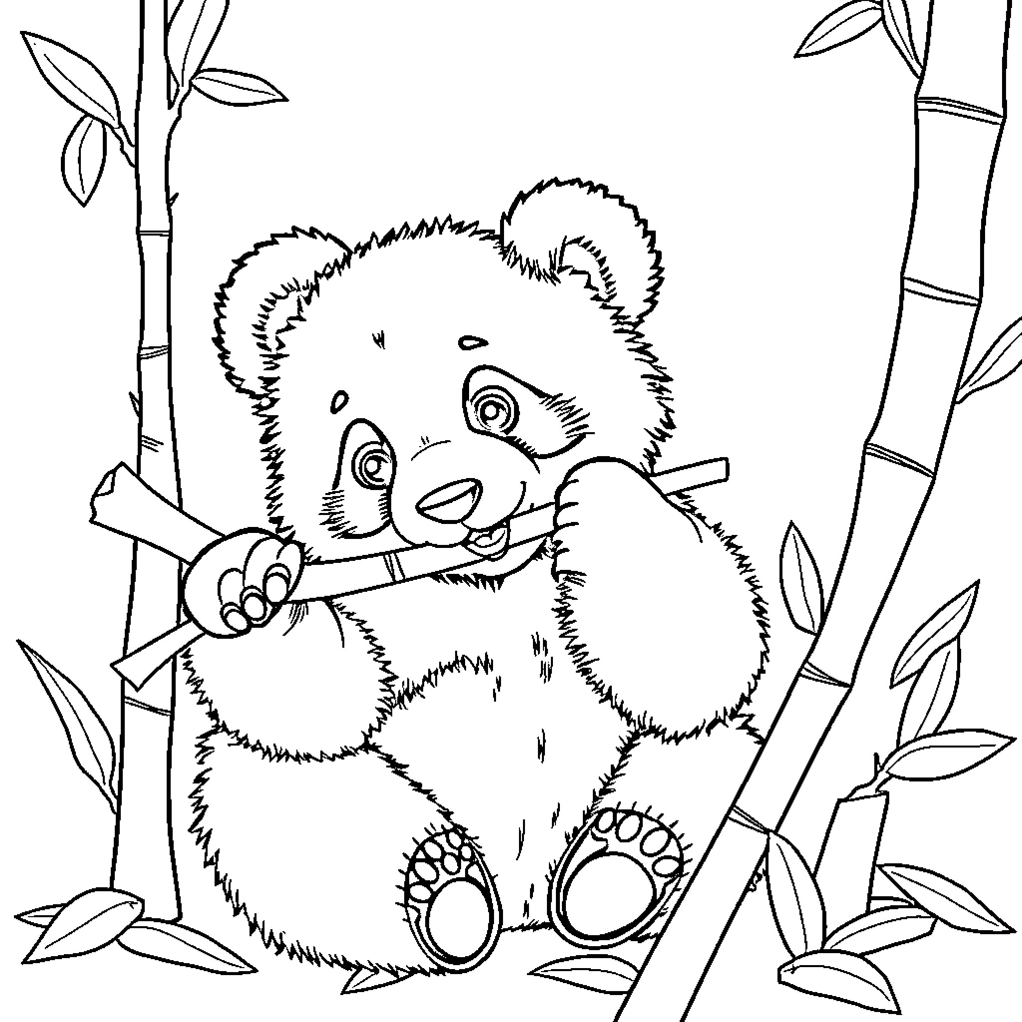 Baby Panda playing with bamboo in the forest Coloring Page (free black-and-white line drawing printable PDF for all, from beginners to advanced learners, including children, teens, adults, and seniors)