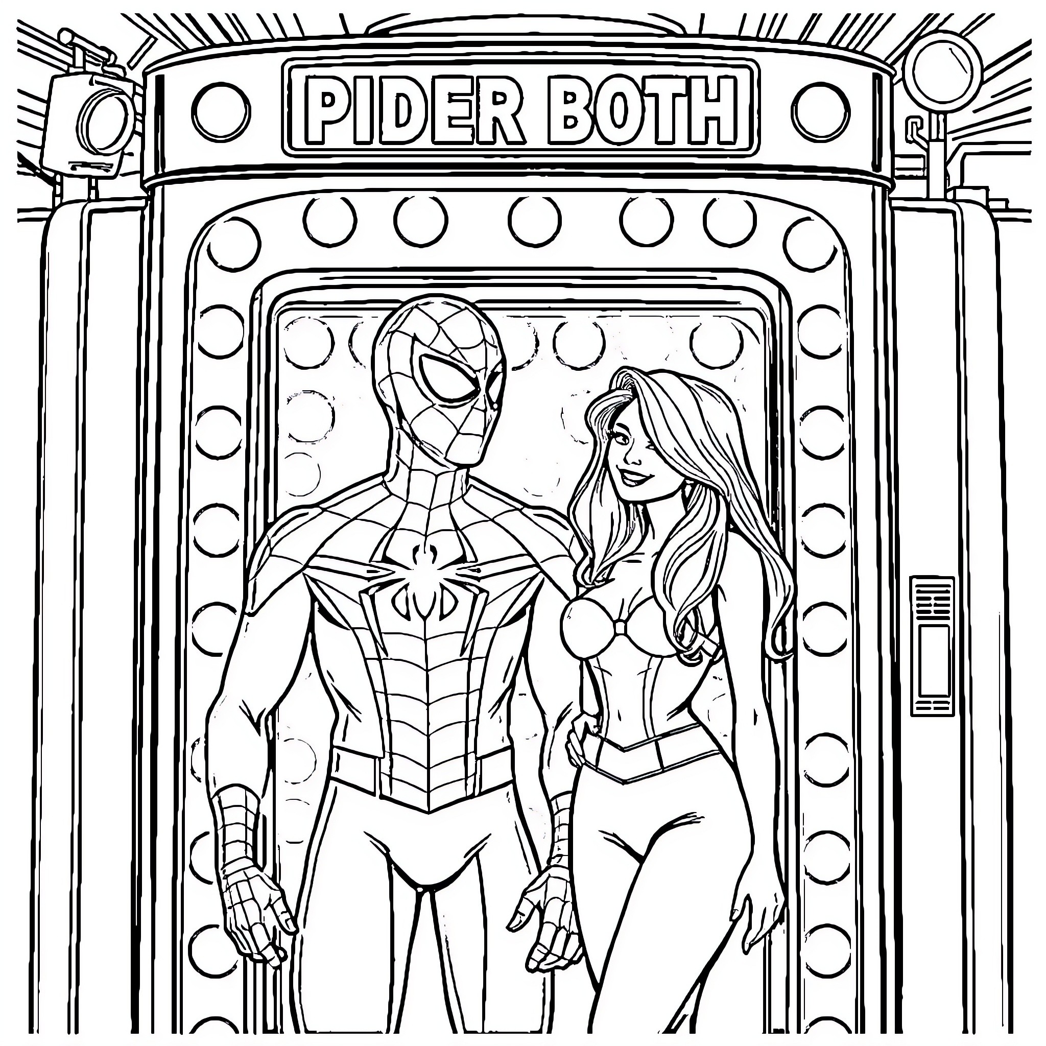 Spiderman and Superhero Woman at Pider Both Coloring Page (free black-and-white line drawing printable PDF for all, from beginners to advanced learners, including children, teens, adults, and seniors)