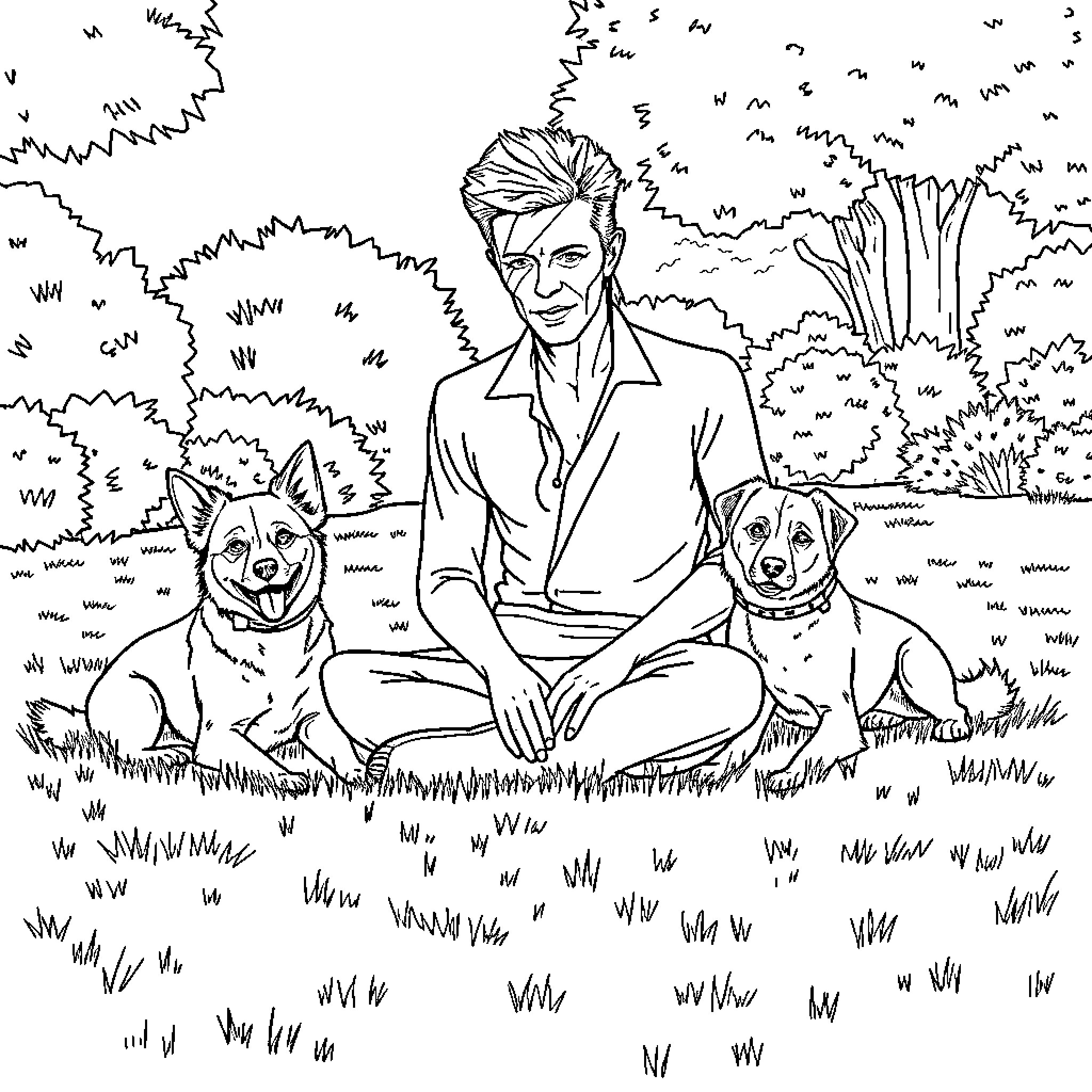 David Bowie and his beloved dogs in a serene outdoor setting Coloring Page (free black-and-white line drawing printable PDF for all, from beginners to advanced learners, including children, teens, adults, and seniors)