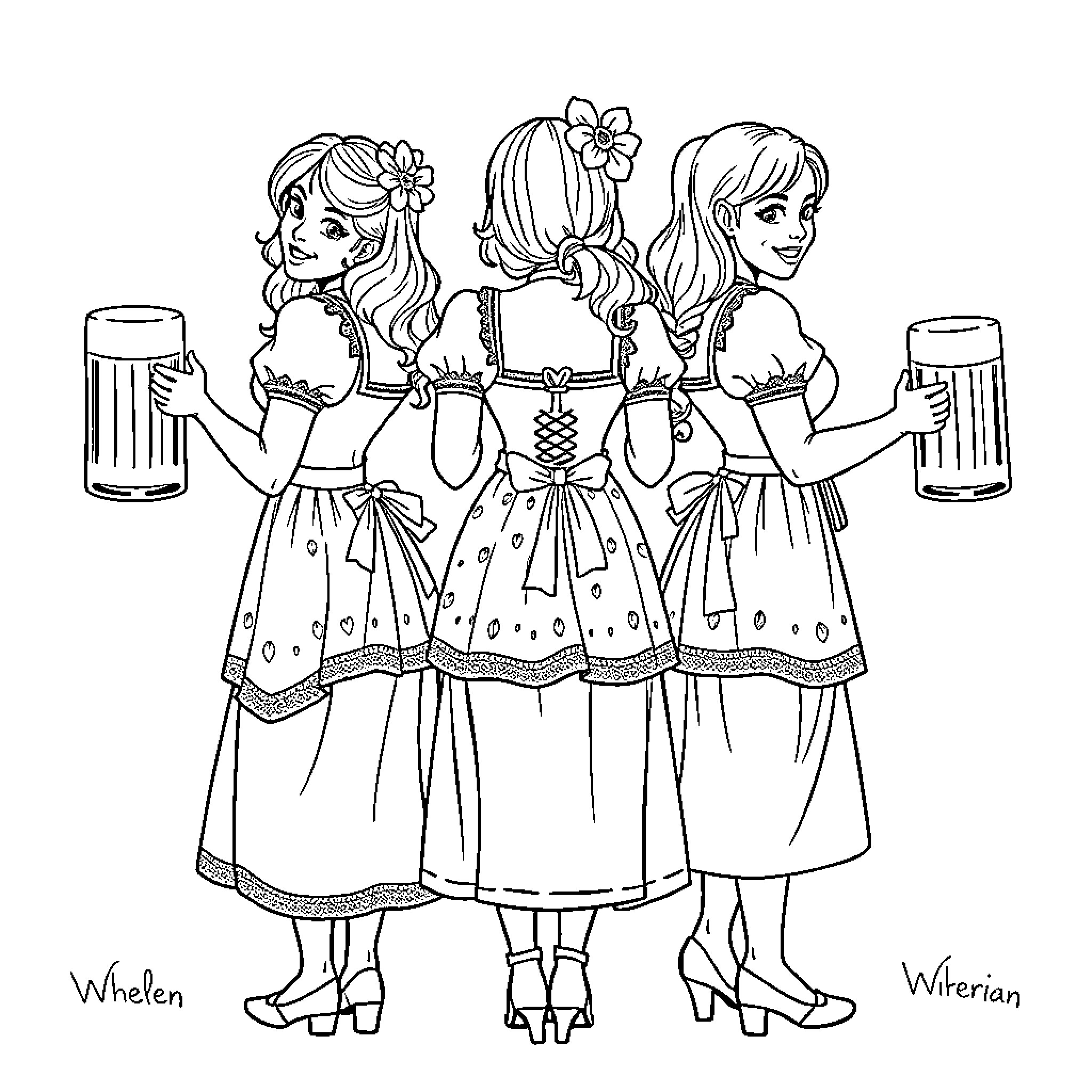 Girls in Dirndls Holding Beer Mugs Coloring Page (free black-and-white line drawing printable PDF for all, from beginners to advanced learners, including children, teens, adults, and seniors)