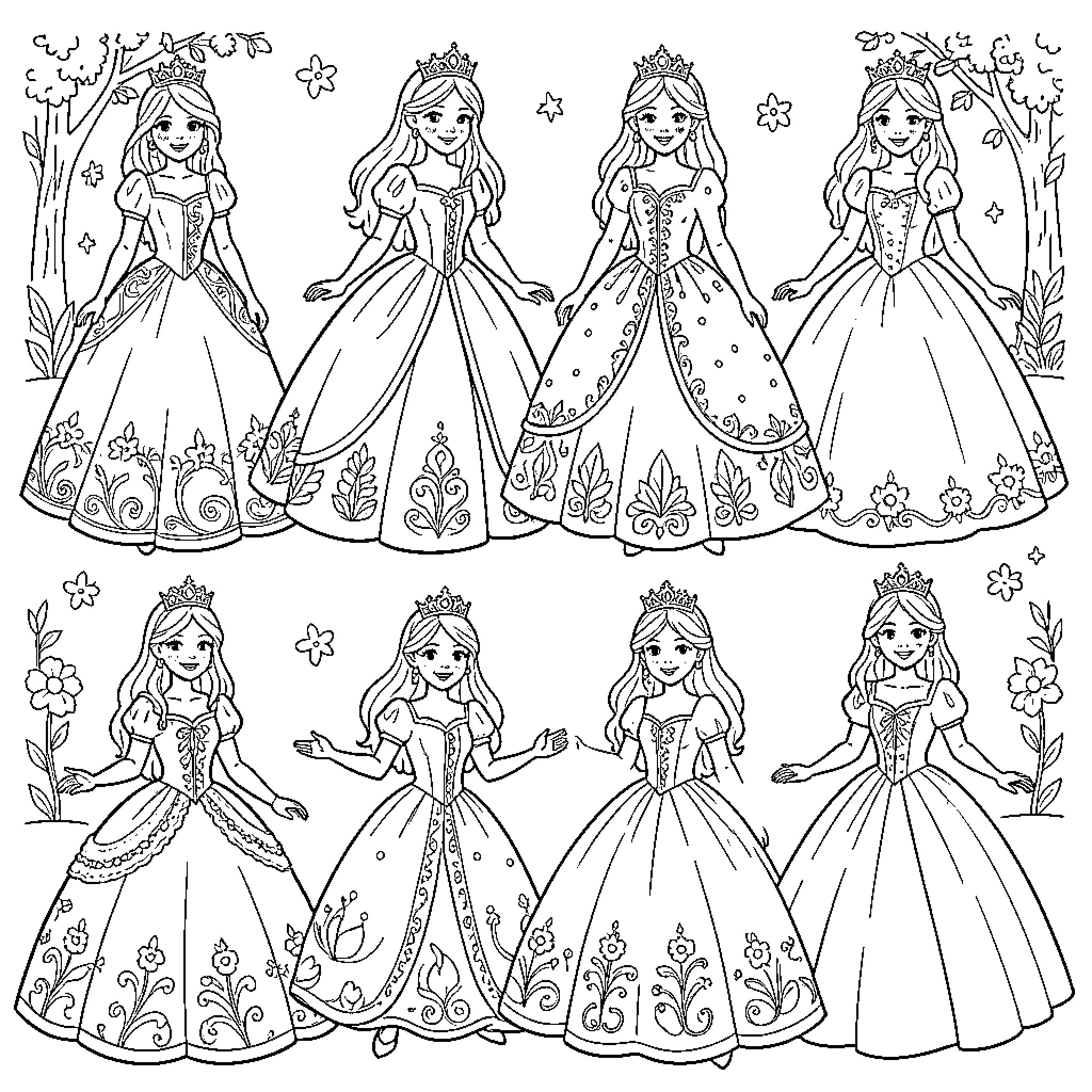 Princess Beauties in Elegant Ball Gowns and Tiaras Coloring Page (free black-and-white line drawing printable PDF for all, from beginners to advanced learners, including children, teens, adults, and seniors)