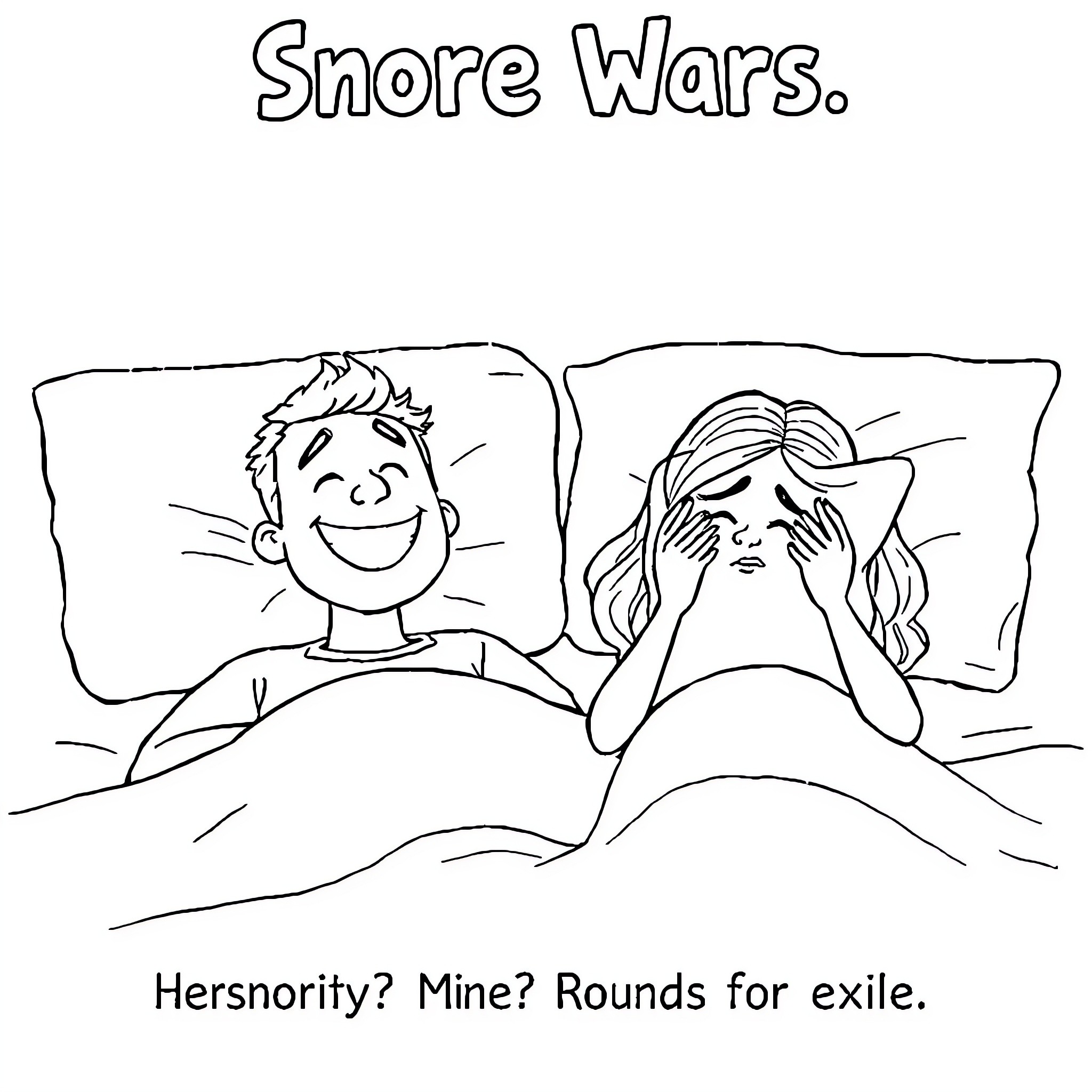 Couple bickering over snoring in bed Coloring Page (free black-and-white line drawing printable PDF for all, from beginners to advanced learners, including children, teens, adults, and seniors)