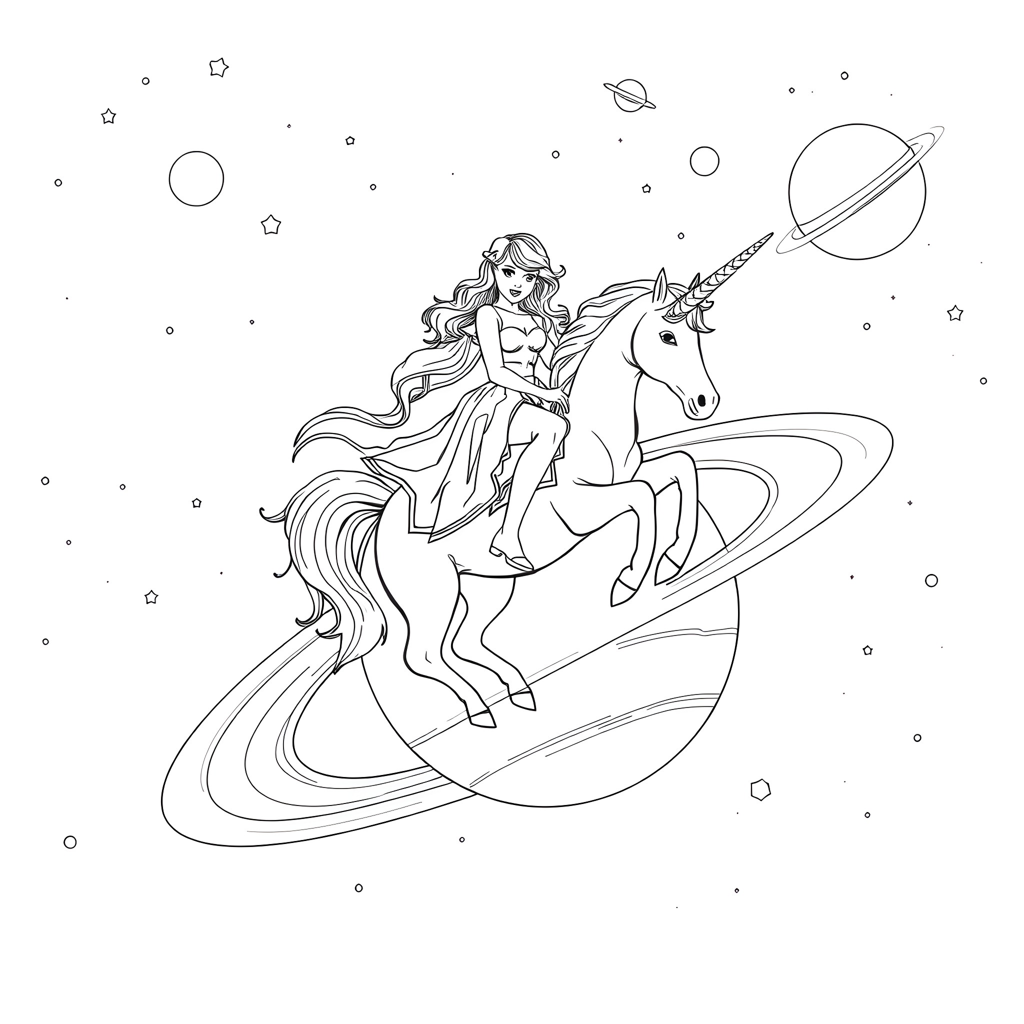 Taylor Swift riding a unicorn through the cosmos Coloring Page (free black-and-white line drawing printable PDF for all, from beginners to advanced learners, including children, teens, adults, and seniors)