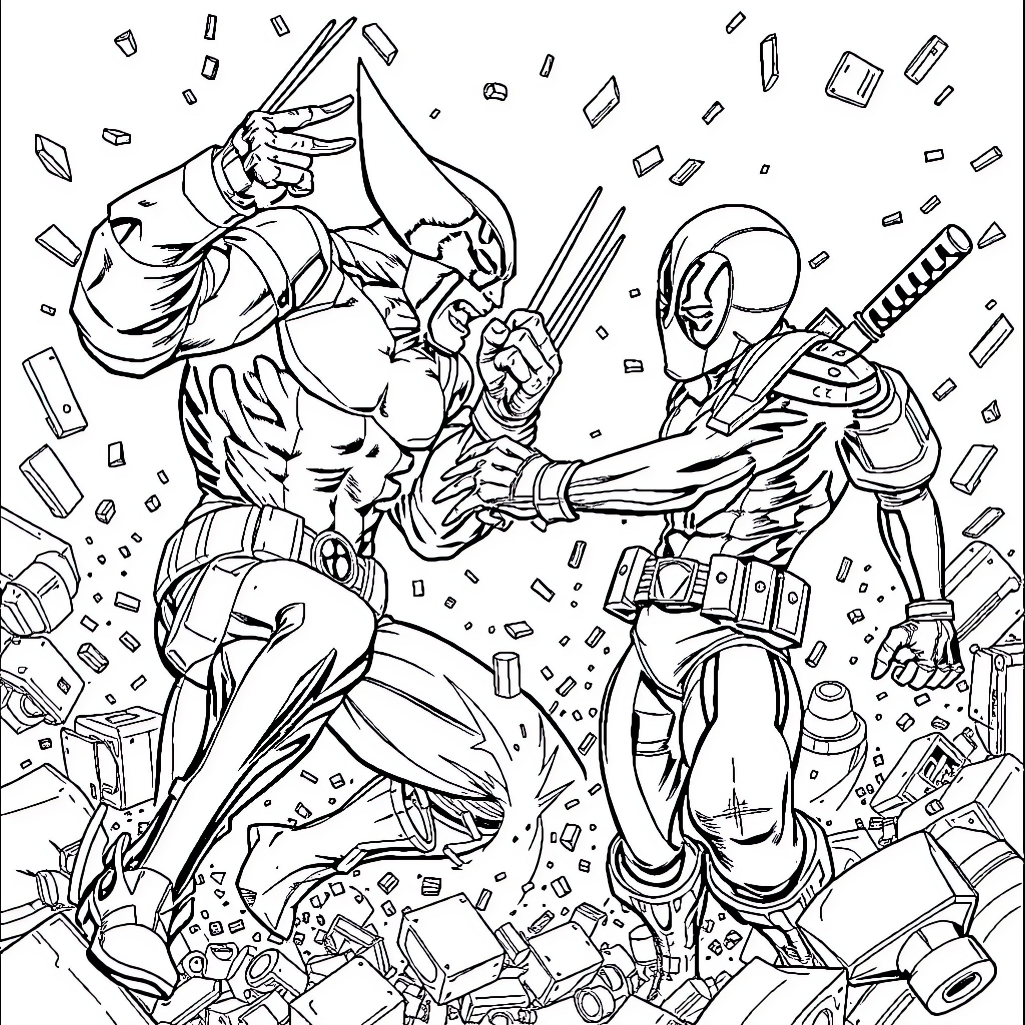 Wolverine's Intense Battle with Deadpool Coloring Page (free black-and-white line drawing printable PDF for all, from beginners to advanced learners, including children, teens, adults, and seniors)