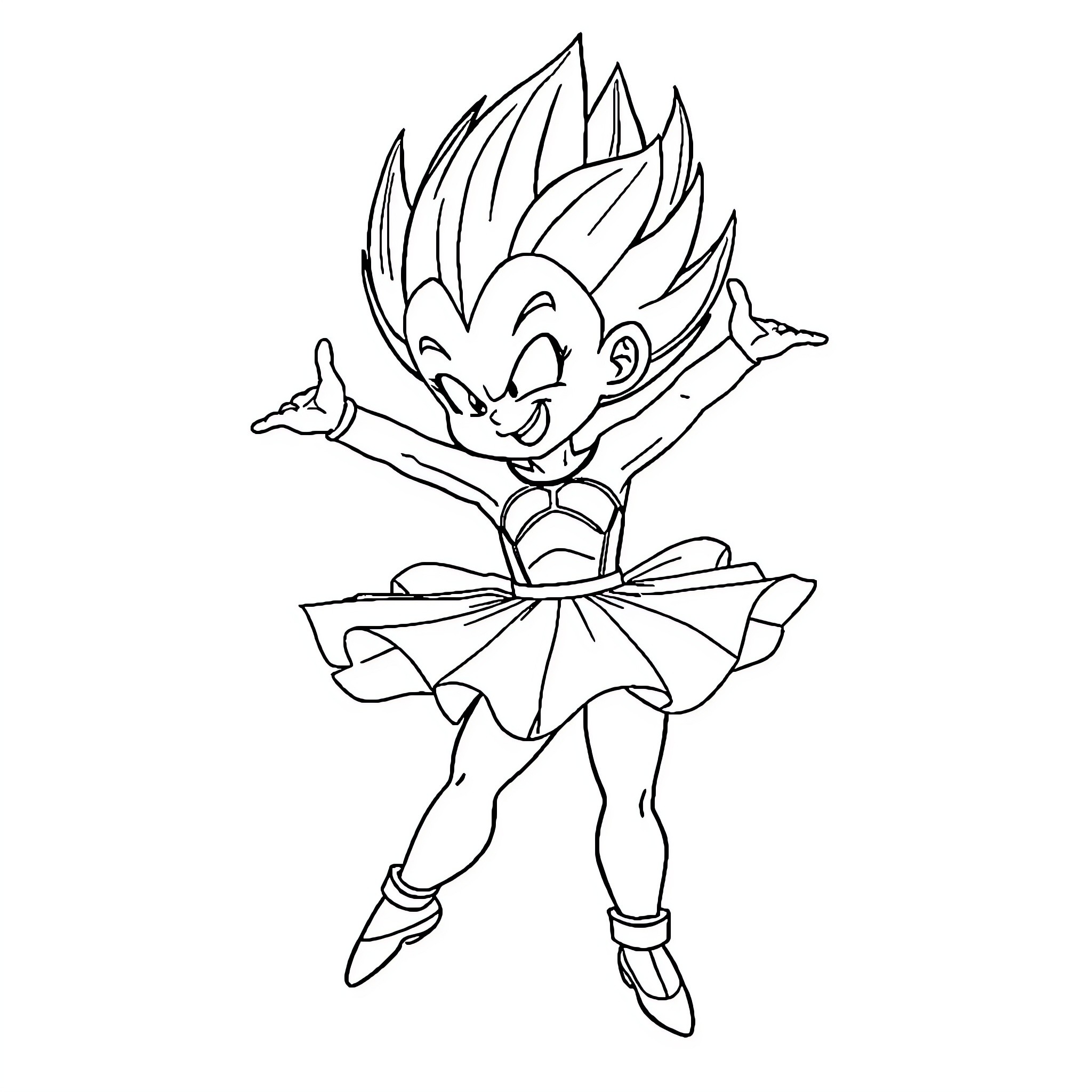 Vegeta Posing in Playful Ballet Stance Coloring Page (free black-and-white line drawing printable PDF for all, from beginners to advanced learners, including children, teens, adults, and seniors)