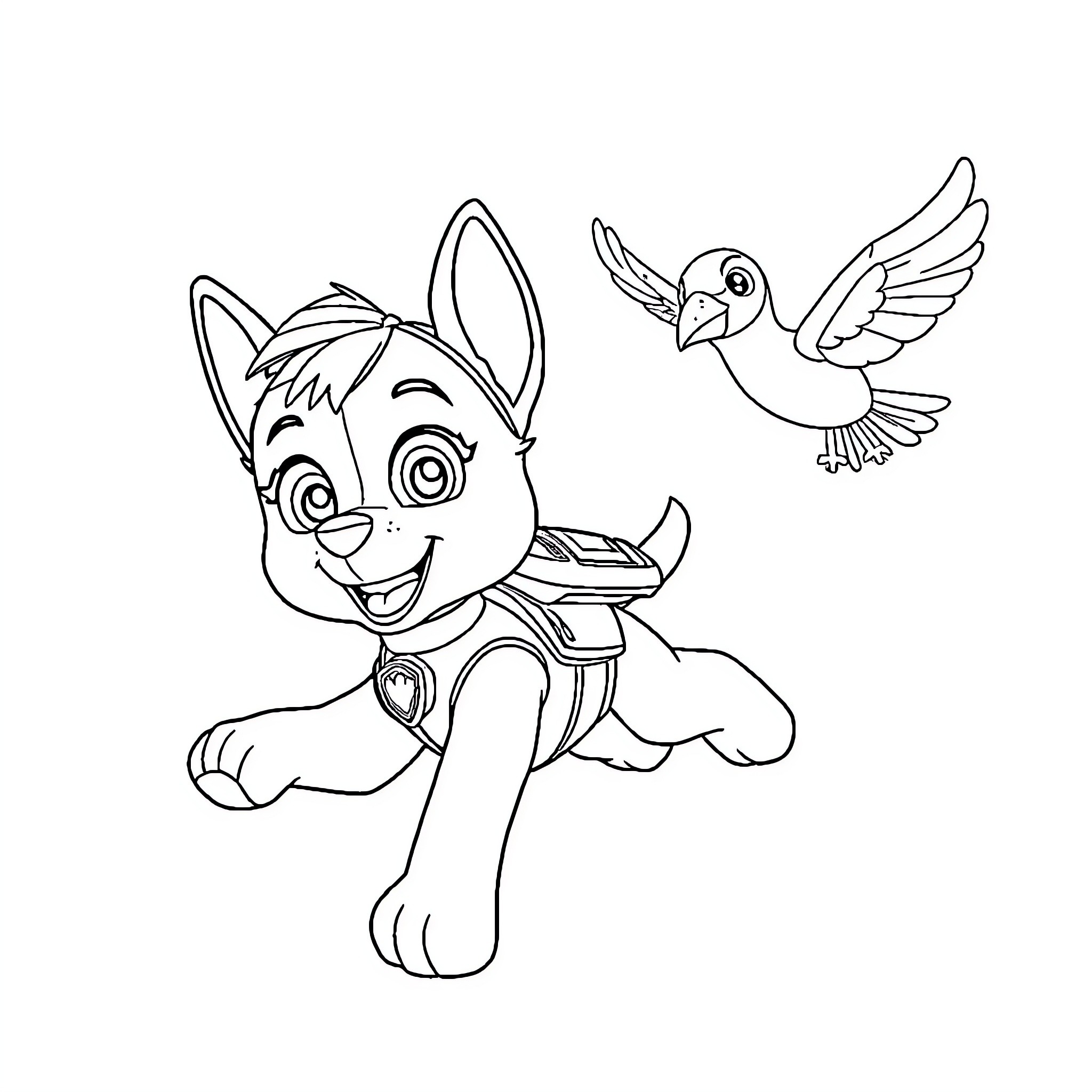 Dog and bird playing together Coloring Page (free black-and-white line drawing printable PDF for all, from beginners to advanced learners, including children, teens, adults, and seniors)