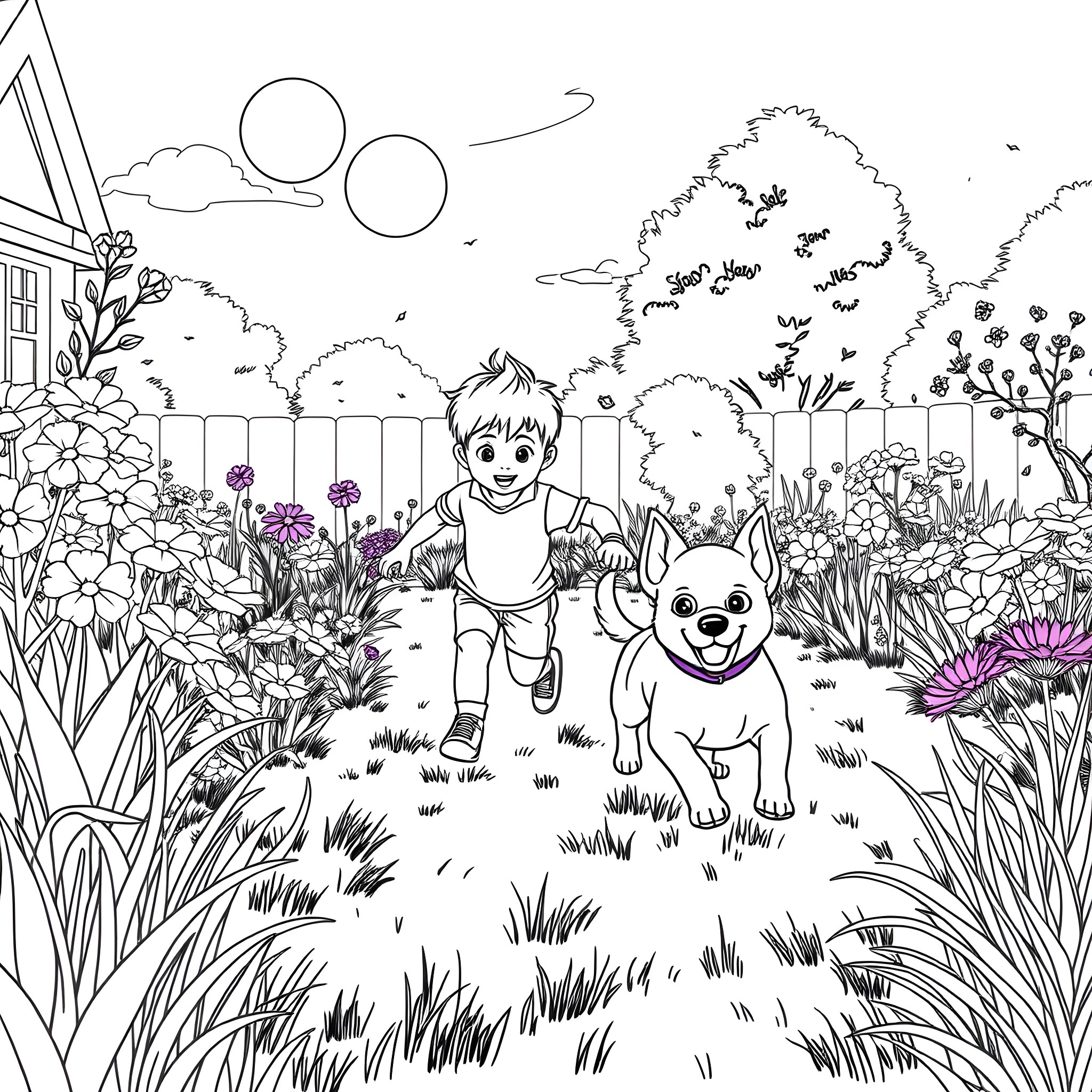 Kid and dog playing happily in the garden Coloring Page (free black-and-white line drawing printable PDF for all, from beginners to advanced learners, including children, teens, adults, and seniors)