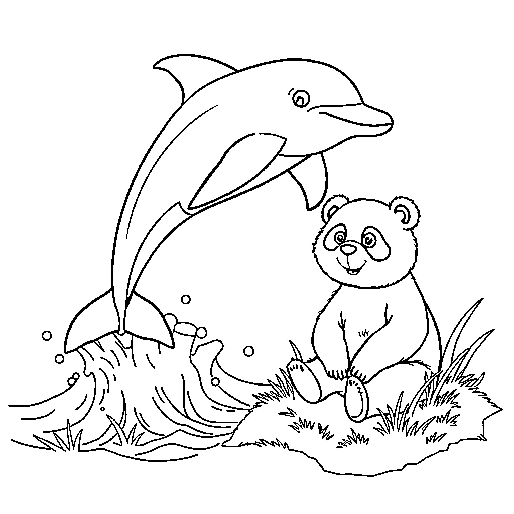 Dolphin and Panda playing in the water Coloring Page (free black-and-white line drawing printable PDF for all, from beginners to advanced learners, including children, teens, adults, and seniors)