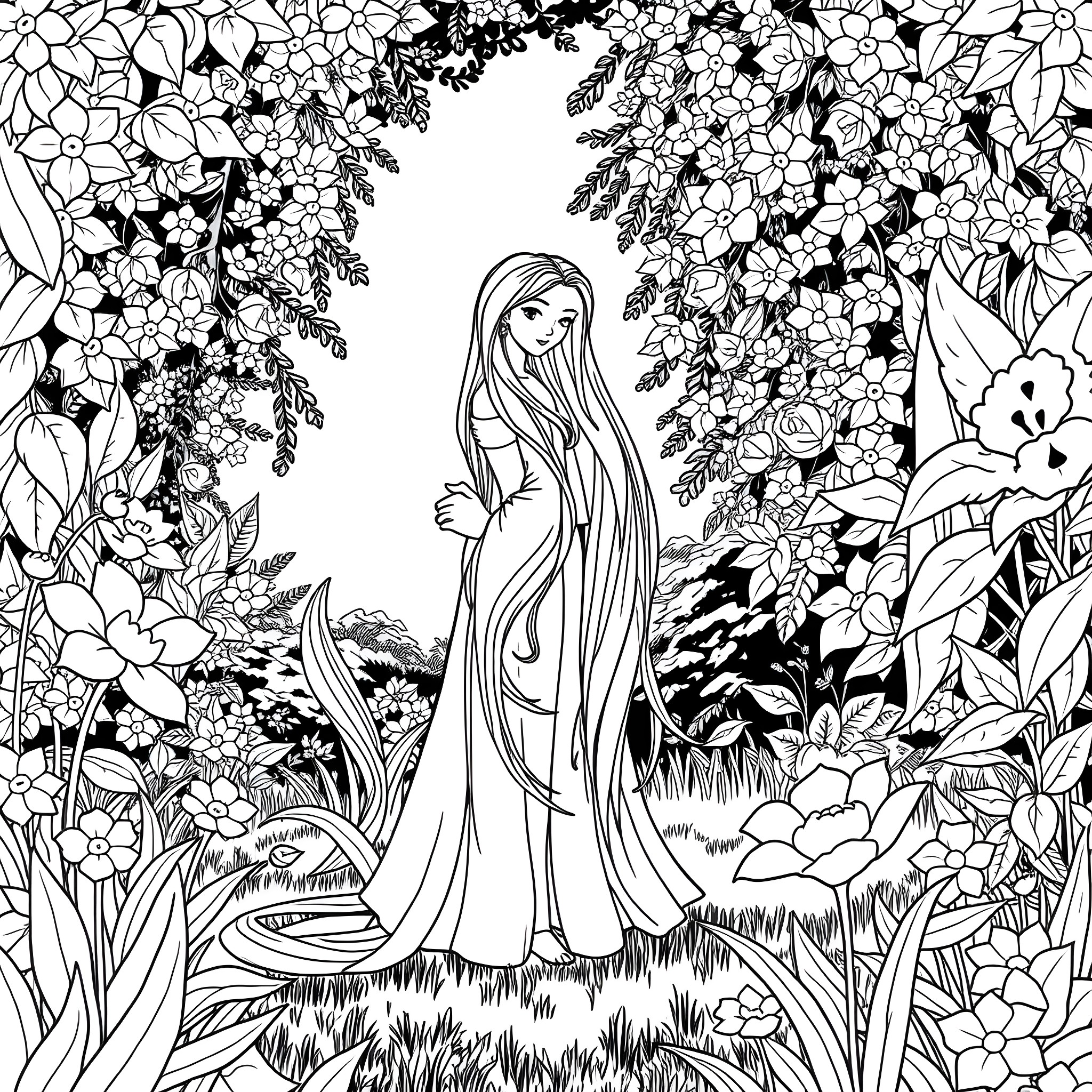 Rapunzel surrounded by beautiful floral elements Coloring Page (free black-and-white line drawing printable PDF for all, from beginners to advanced learners, including children, teens, adults, and seniors)