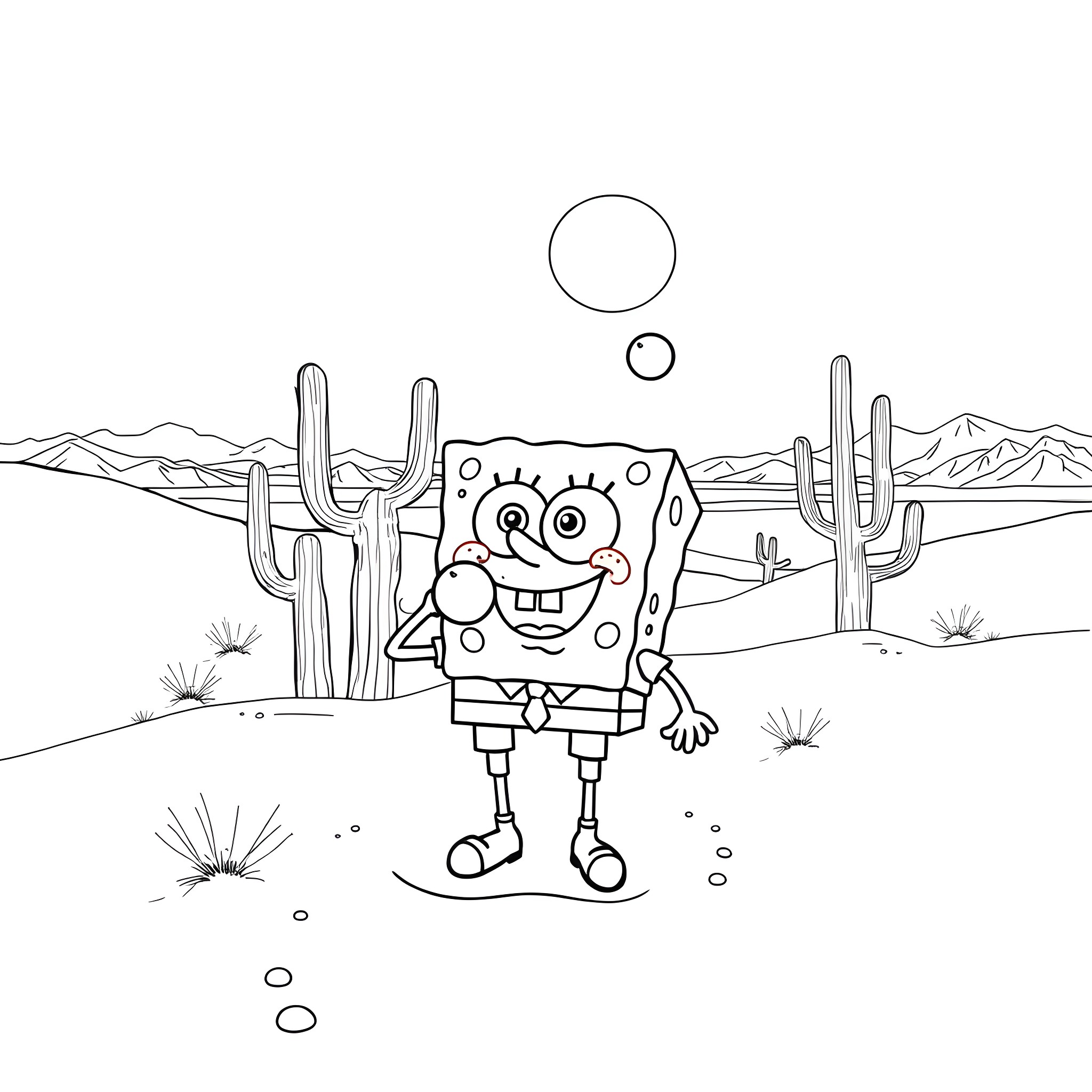 Spongebob explores a desert landscape Coloring Page (free black-and-white line drawing printable PDF for all, from beginners to advanced learners, including children, teens, adults, and seniors)