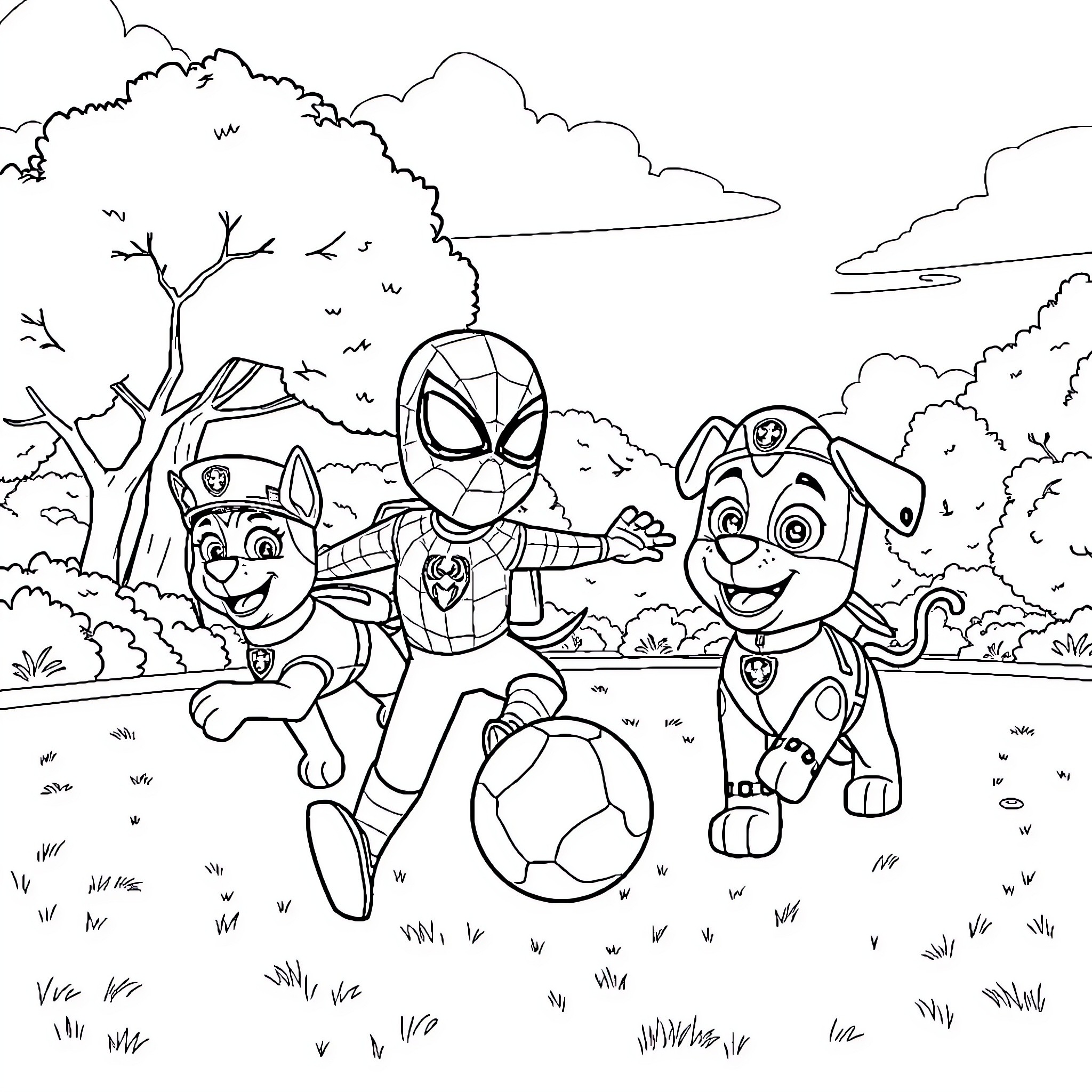 Spidey, Paw Patrol pals enjoy outdoor adventure Coloring Page (free black-and-white line drawing printable PDF for all, from beginners to advanced learners, including children, teens, adults, and seniors)