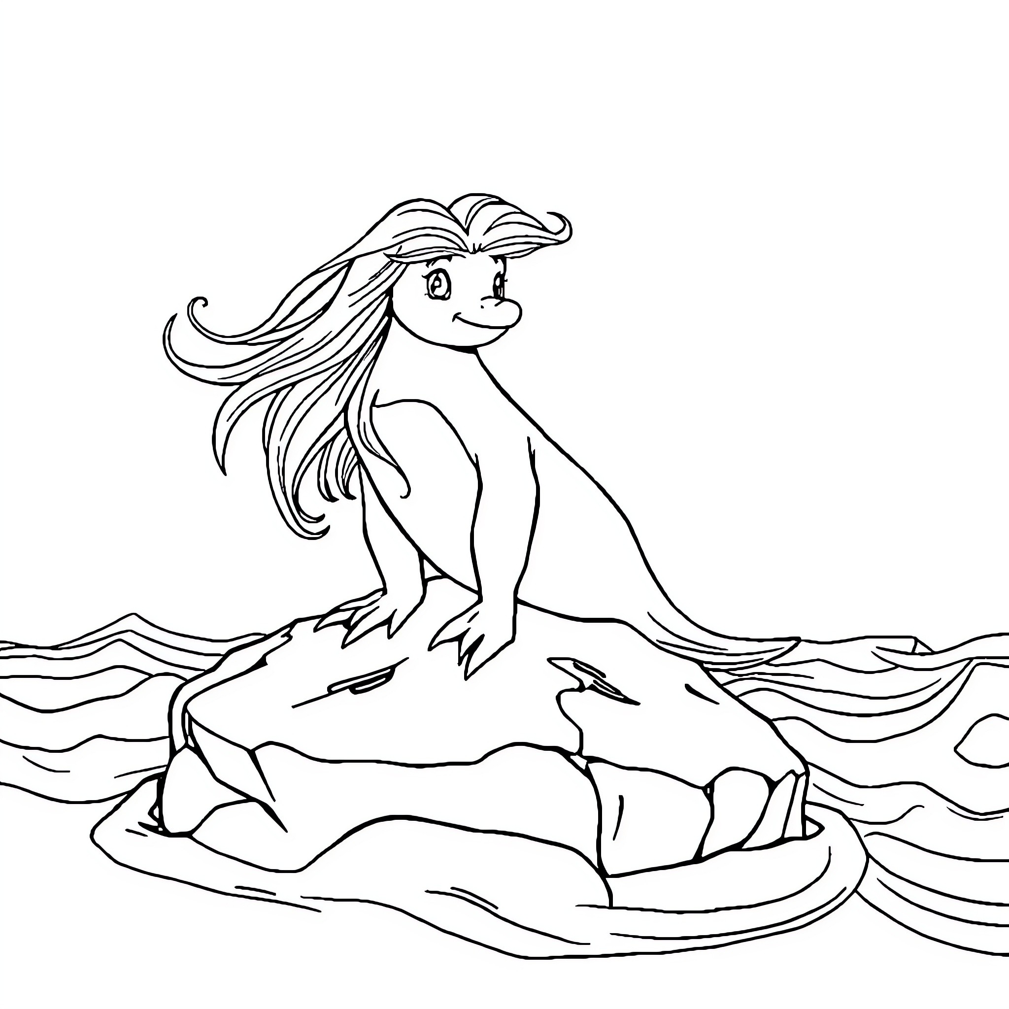 Mermaid sitting on a rocky ledge Coloring Page (free black-and-white line drawing printable PDF for all, from beginners to advanced learners, including children, teens, adults, and seniors)