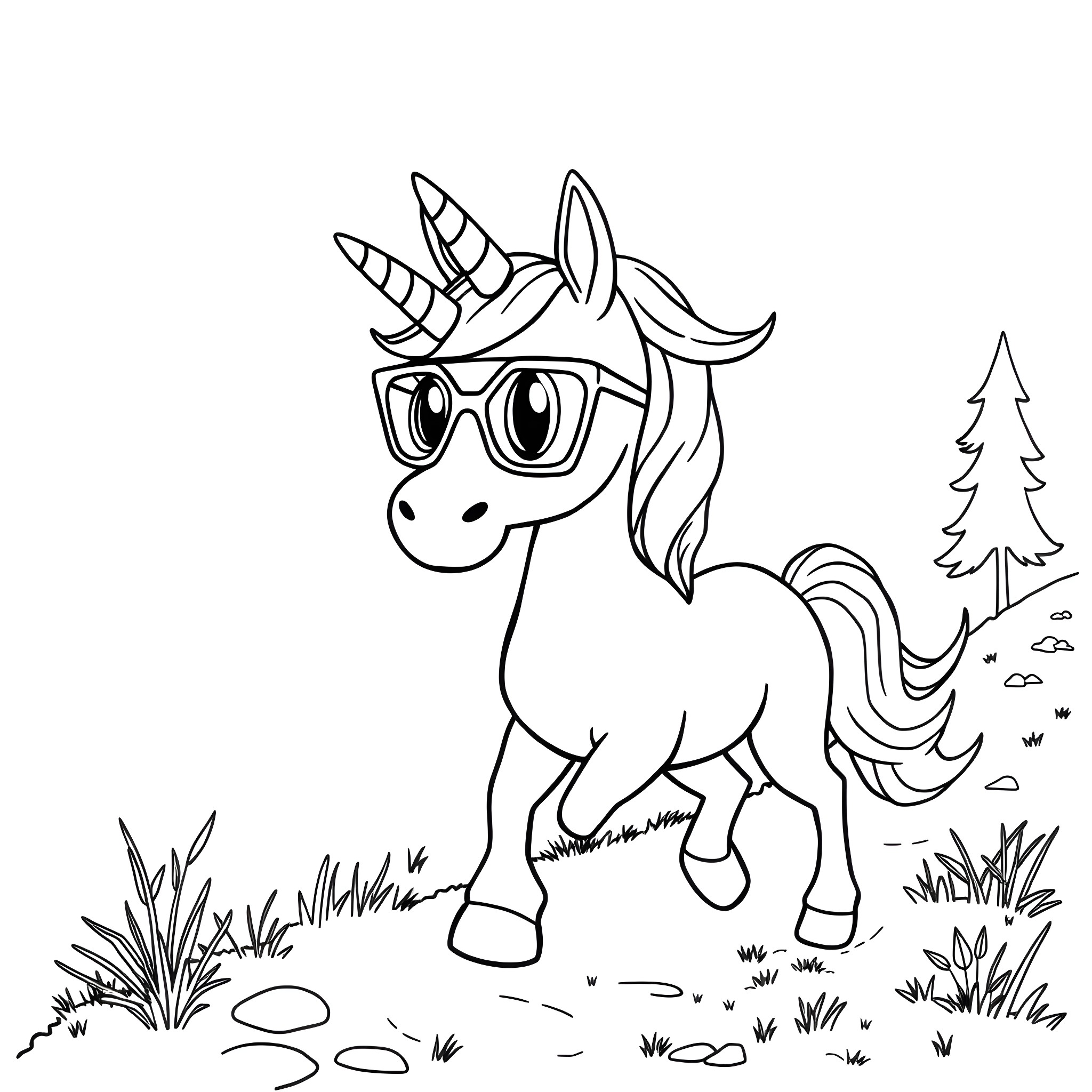 Unicorn wearing glasses in the forest Coloring Page (free black-and-white line drawing printable PDF for all, from beginners to advanced learners, including children, teens, adults, and seniors)
