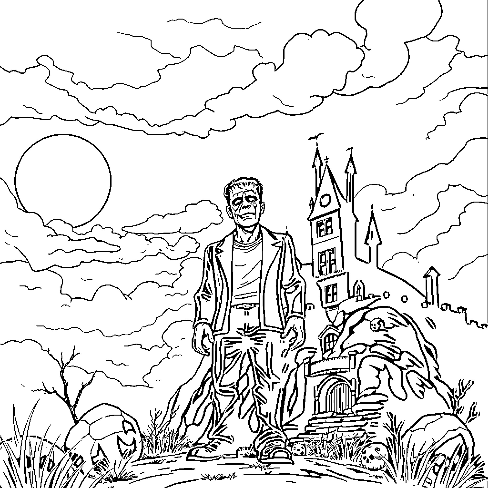 Frankenstein's Monster Roaming the Countryside Coloring Page (free black-and-white line drawing printable PDF for all, from beginners to advanced learners, including children, teens, adults, and seniors)