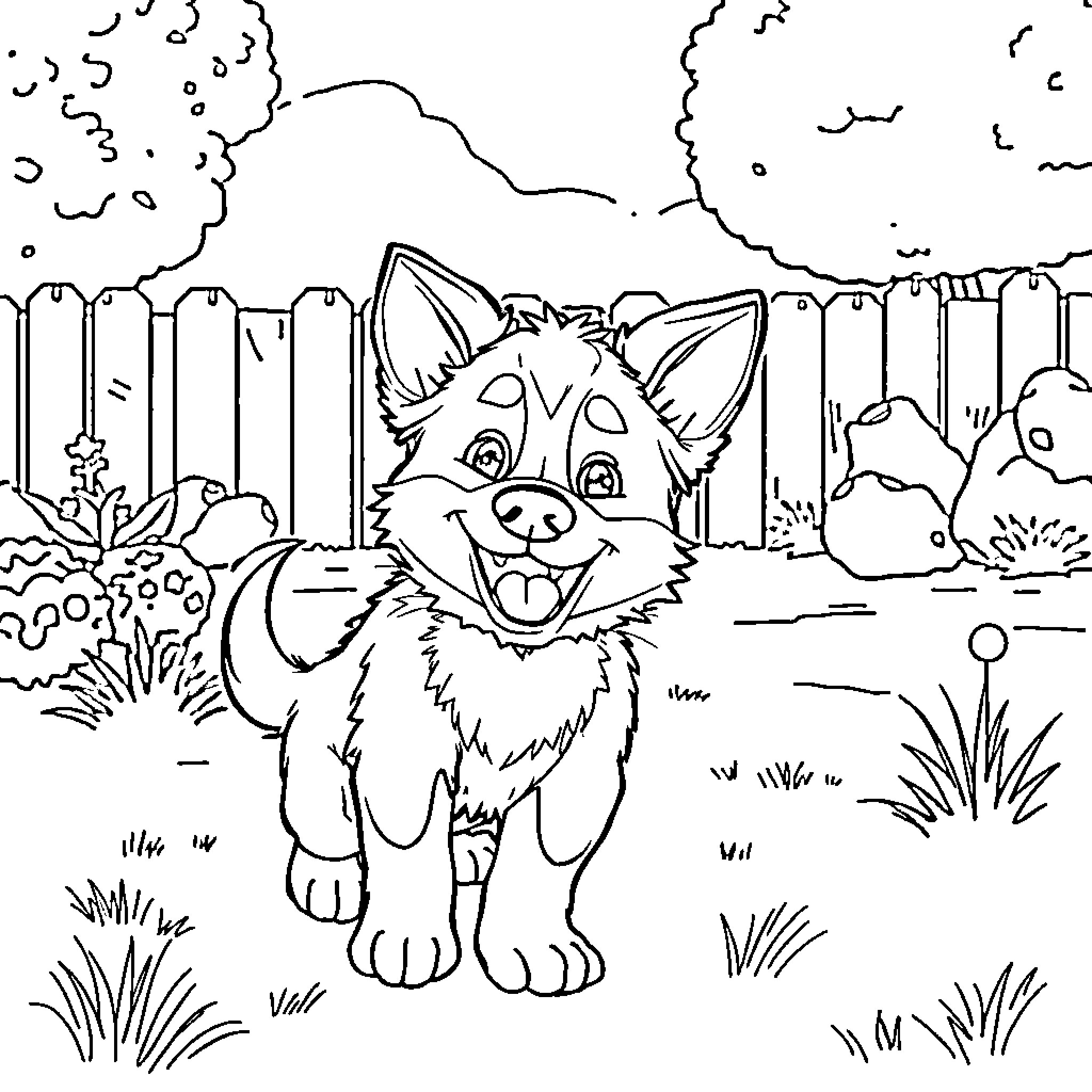 Bluey playing happily in the backyard Coloring Page (free black-and-white line drawing printable PDF for all, from beginners to advanced learners, including children, teens, adults, and seniors)