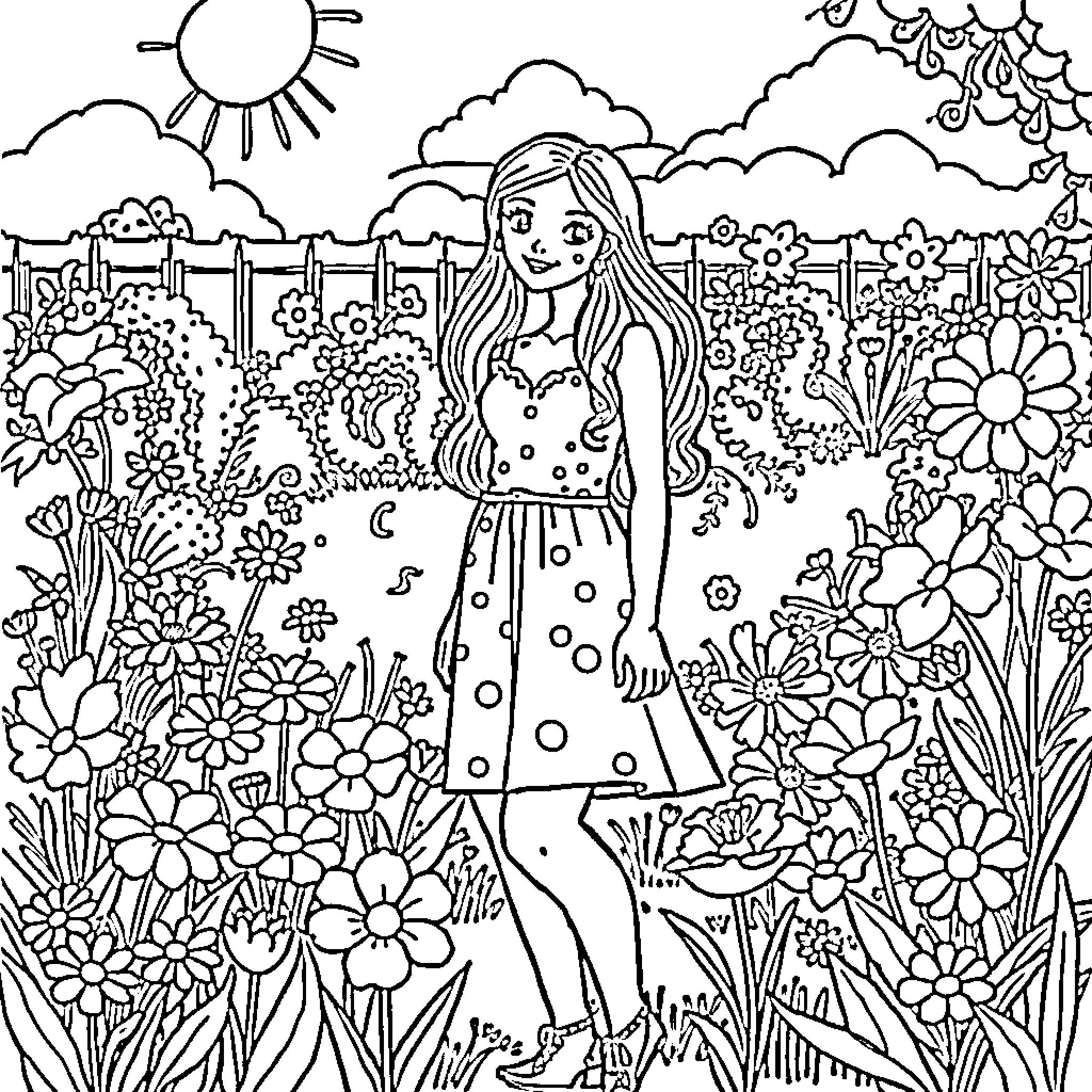 Julianna's Whimsical Garden Adventure Coloring Page (free black-and-white line drawing printable PDF for all, from beginners to advanced learners, including children, teens, adults, and seniors)