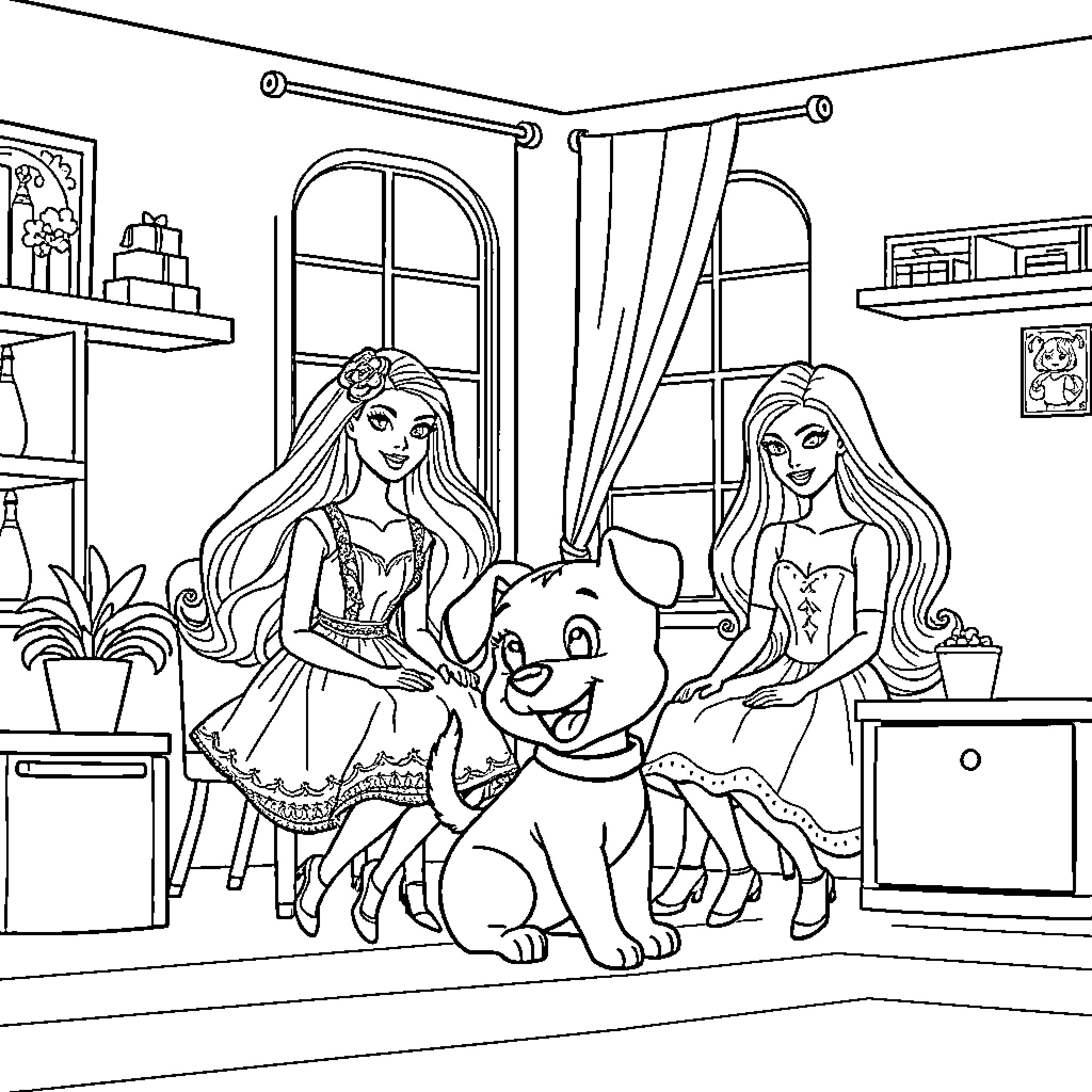 Barbie's Playful Companions in the Bedroom Coloring Page (free black-and-white line drawing printable PDF for all, from beginners to advanced learners, including children, teens, adults, and seniors)