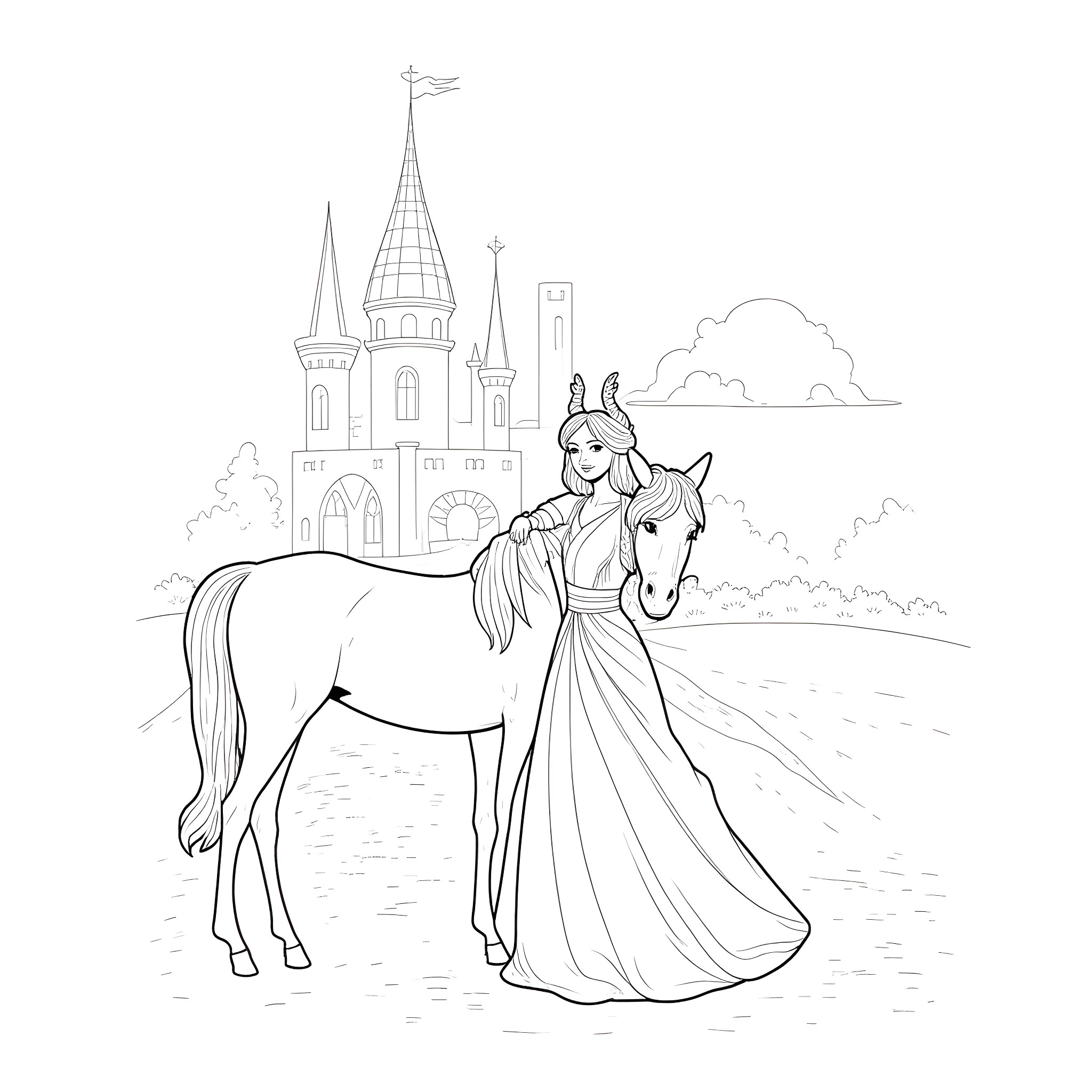 Sorceress riding a magical horse near a enchanted castle Coloring Page (free black-and-white line drawing printable PDF for all, from beginners to advanced learners, including children, teens, adults, and seniors)