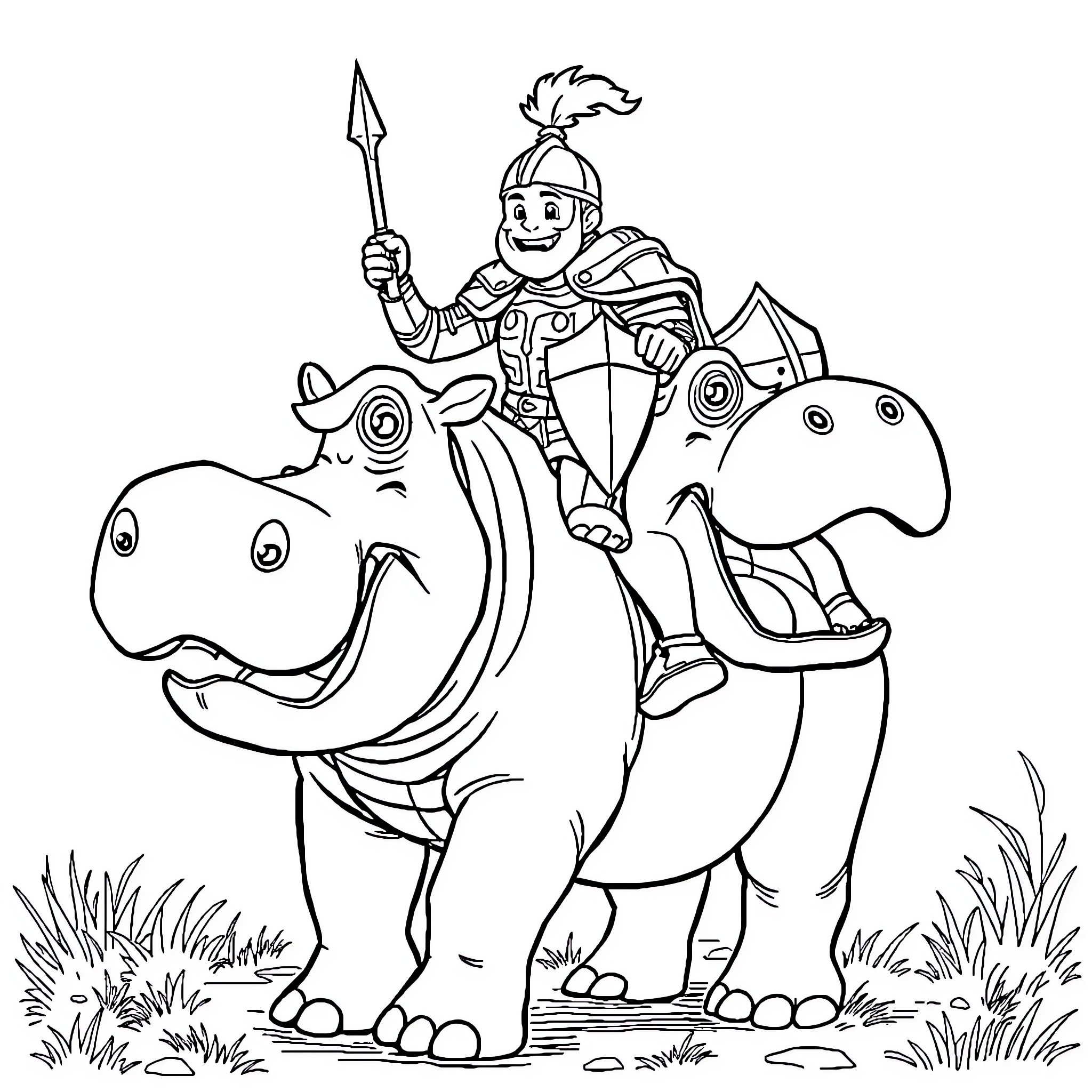 Knight riding a friendly mythical beast Coloring Page (free black-and-white line drawing printable PDF for all, from beginners to advanced learners, including children, teens, adults, and seniors)