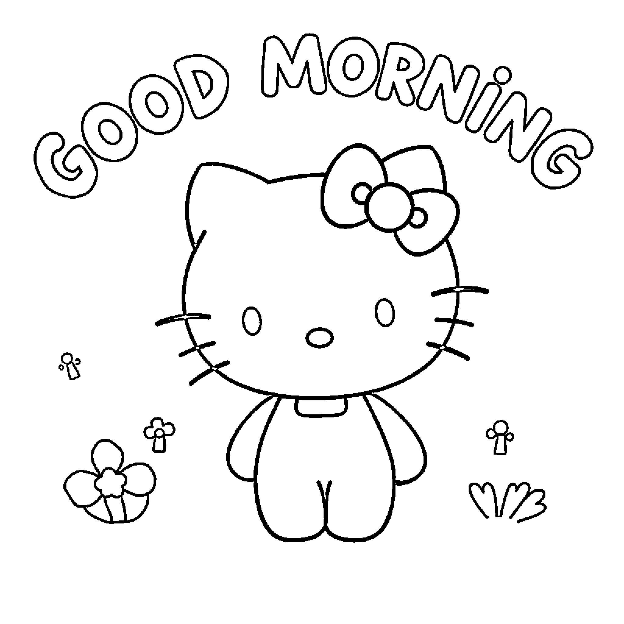 Hello Kitty greeting with good morning message Coloring Page (free black-and-white line drawing printable PDF for all, from beginners to advanced learners, including children, teens, adults, and seniors)