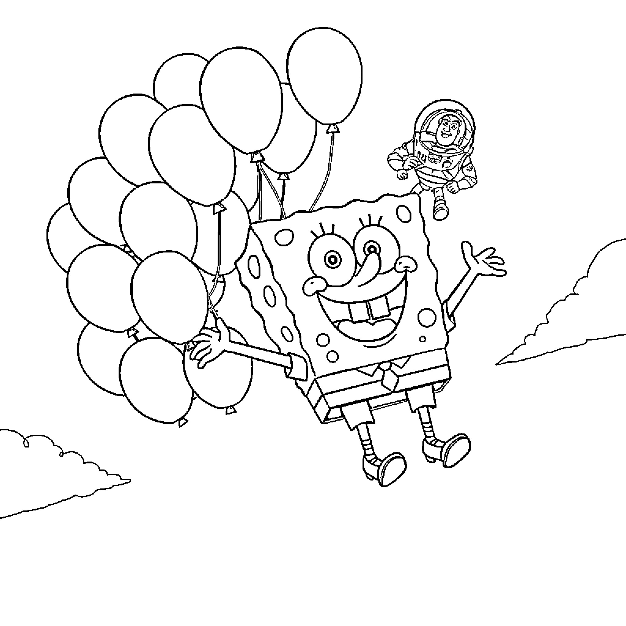 Spongebob flying high with balloons Coloring Page (free black-and-white line drawing printable PDF for all, from beginners to advanced learners, including children, teens, adults, and seniors)