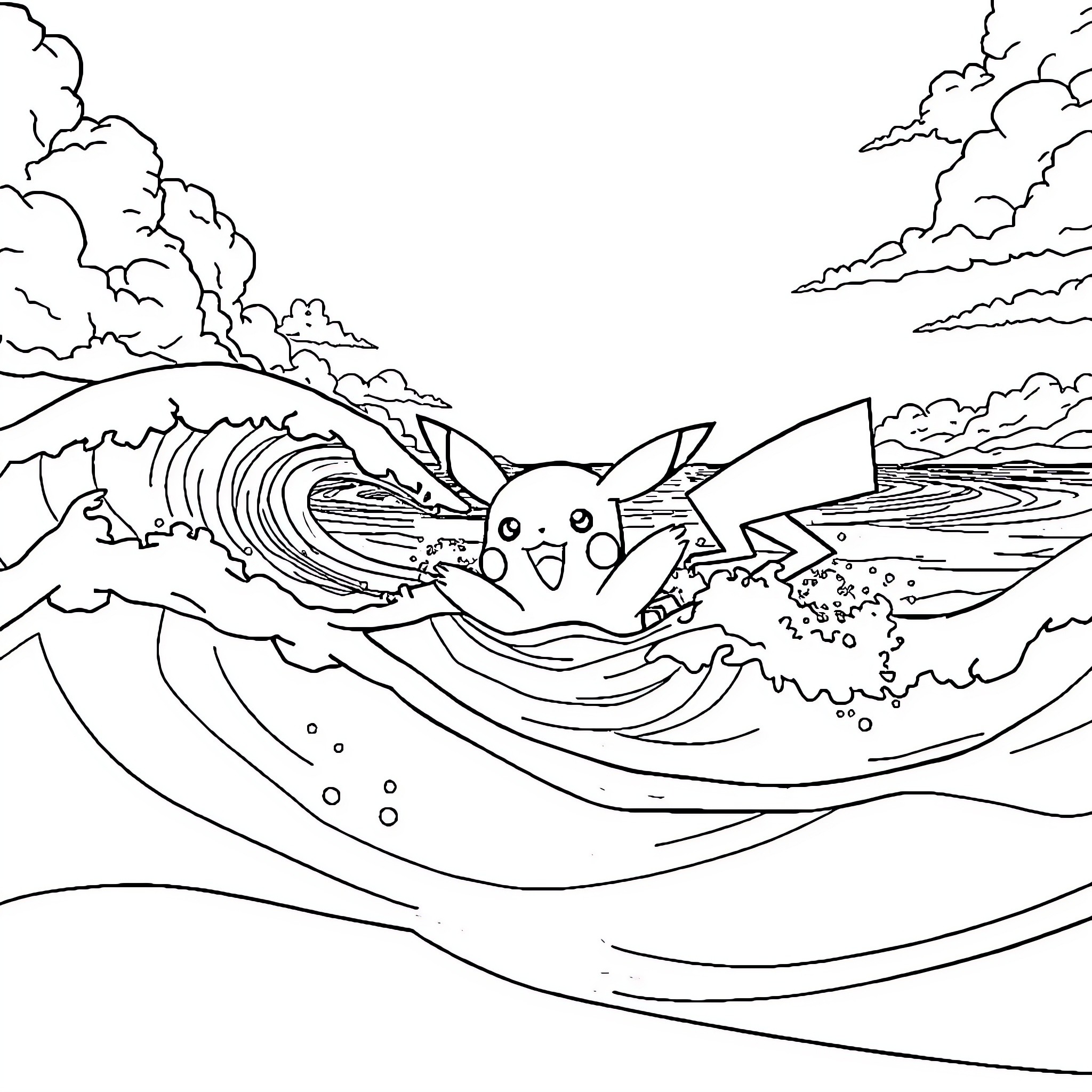 Pikachu surfing on a giant wave Coloring Page (free black-and-white line drawing printable PDF for all, from beginners to advanced learners, including children, teens, adults, and seniors)