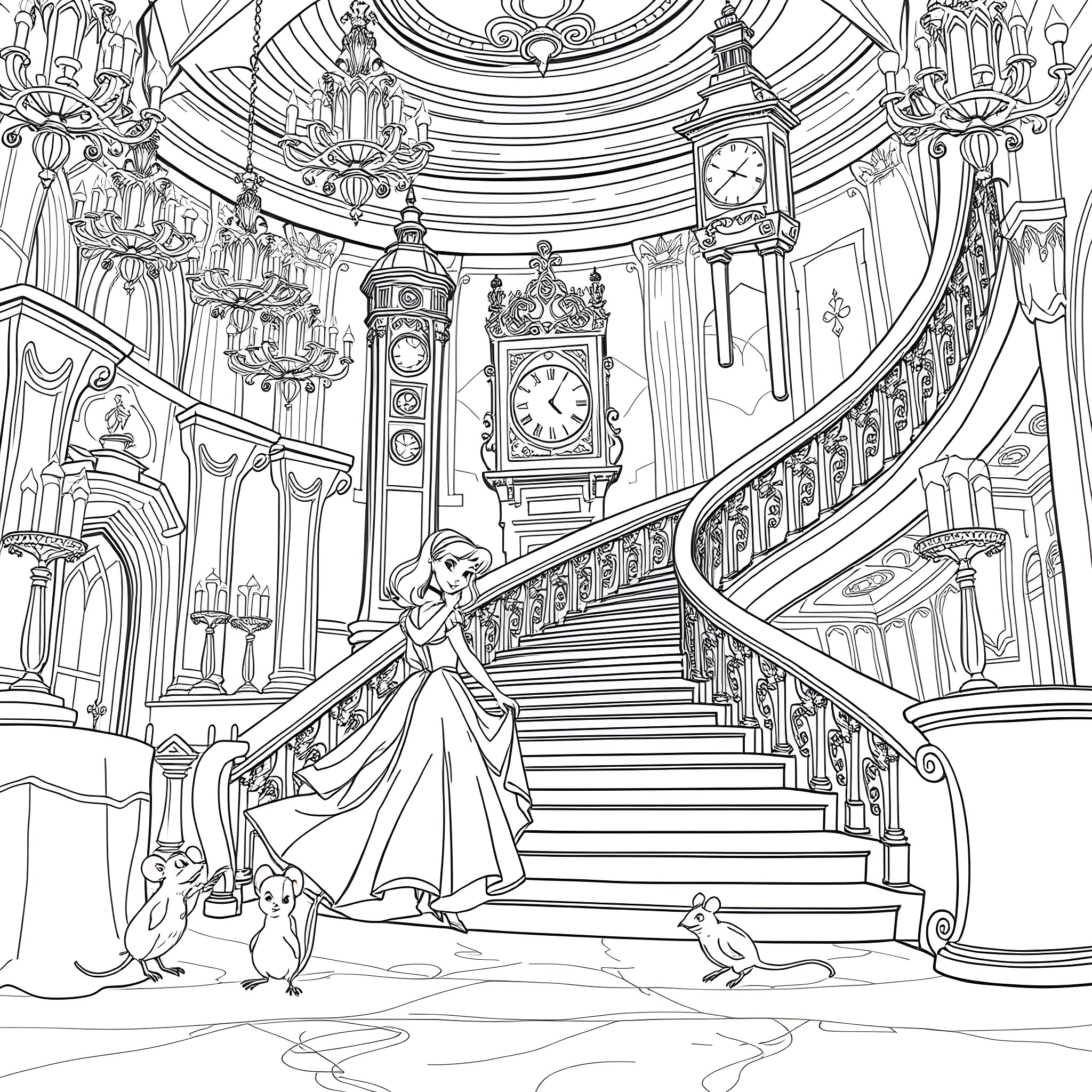 Cinderella's grand staircase in a majestic palace Coloring Page (free black-and-white line drawing printable PDF for all, from beginners to advanced learners, including children, teens, adults, and seniors)