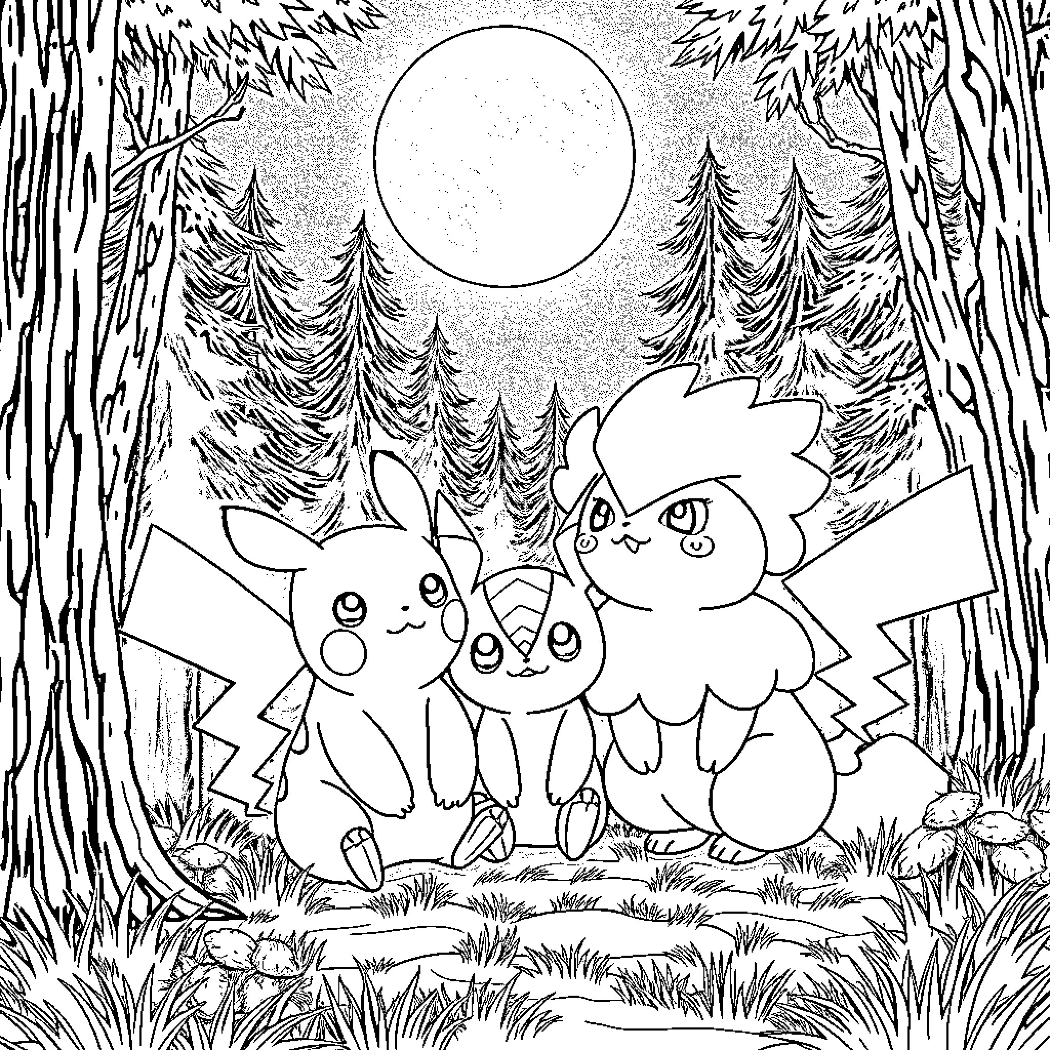 Pikachu and friends sitting together under the full moon Coloring Page (free black-and-white line drawing printable PDF for all, from beginners to advanced learners, including children, teens, adults, and seniors)