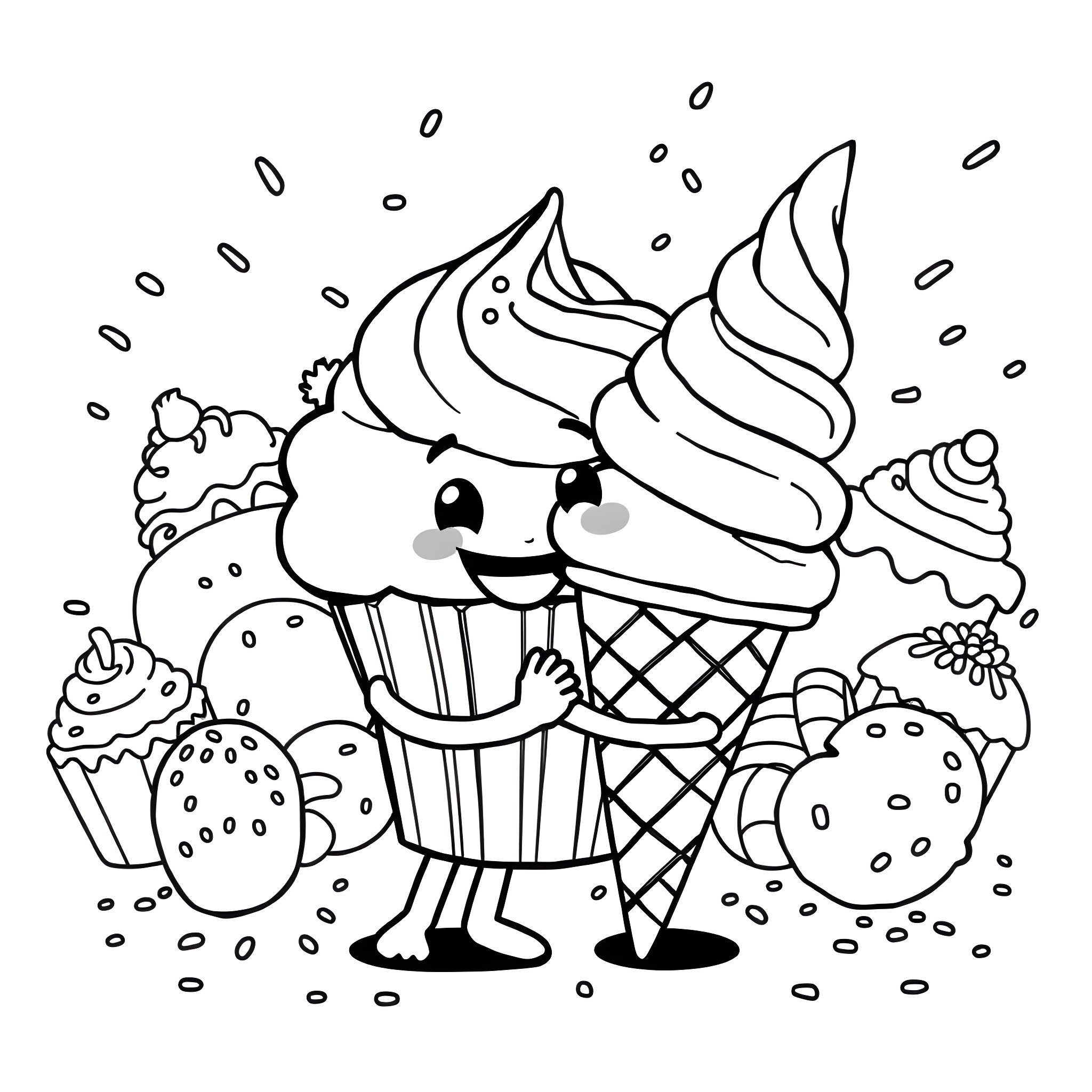 Cupcake and ice cream enjoying sweets together Coloring Page (free black-and-white line drawing printable PDF for all, from beginners to advanced learners, including children, teens, adults, and seniors)