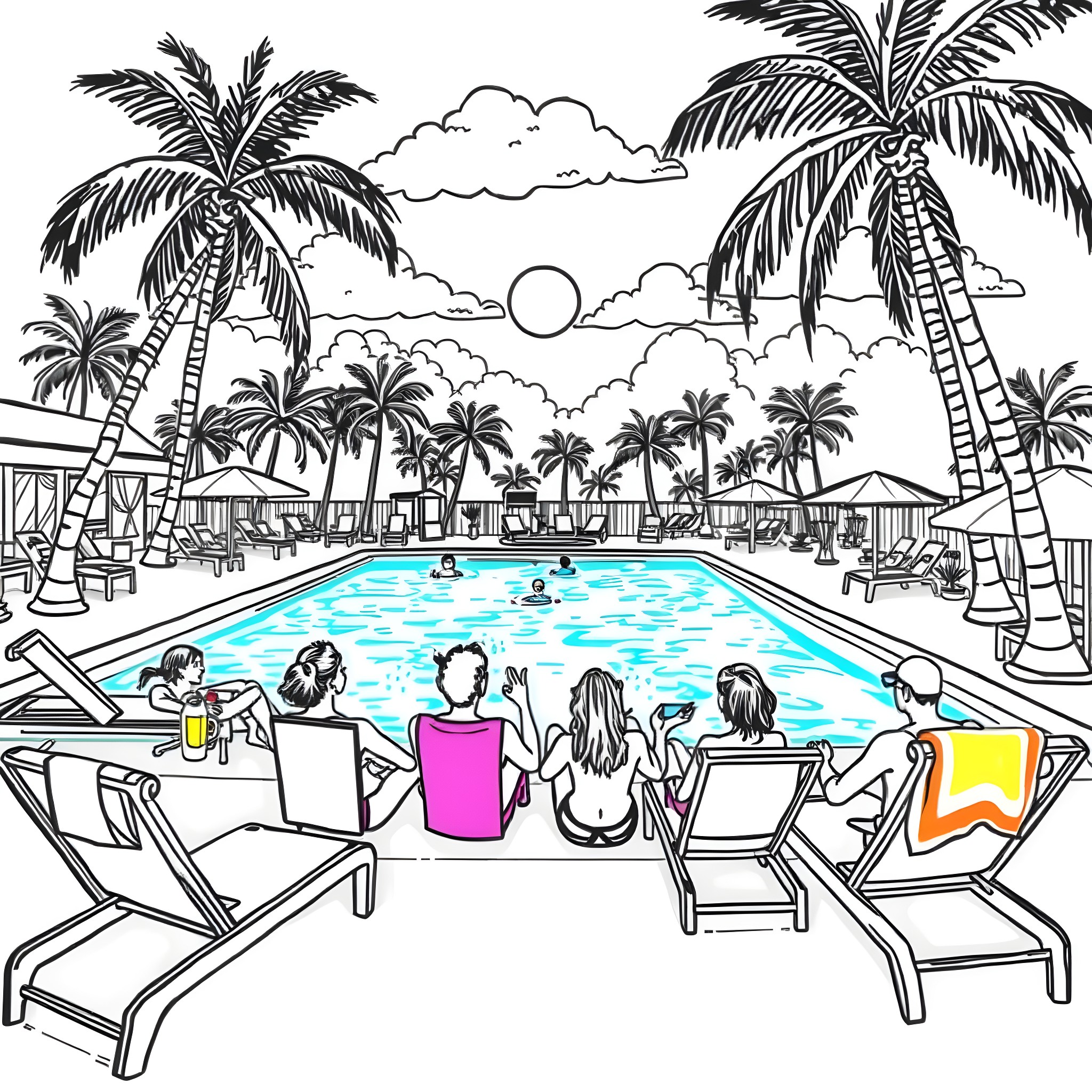 Pool Party Scene with Palm Trees Coloring Page (free black-and-white line drawing printable PDF for all, from beginners to advanced learners, including children, teens, adults, and seniors)