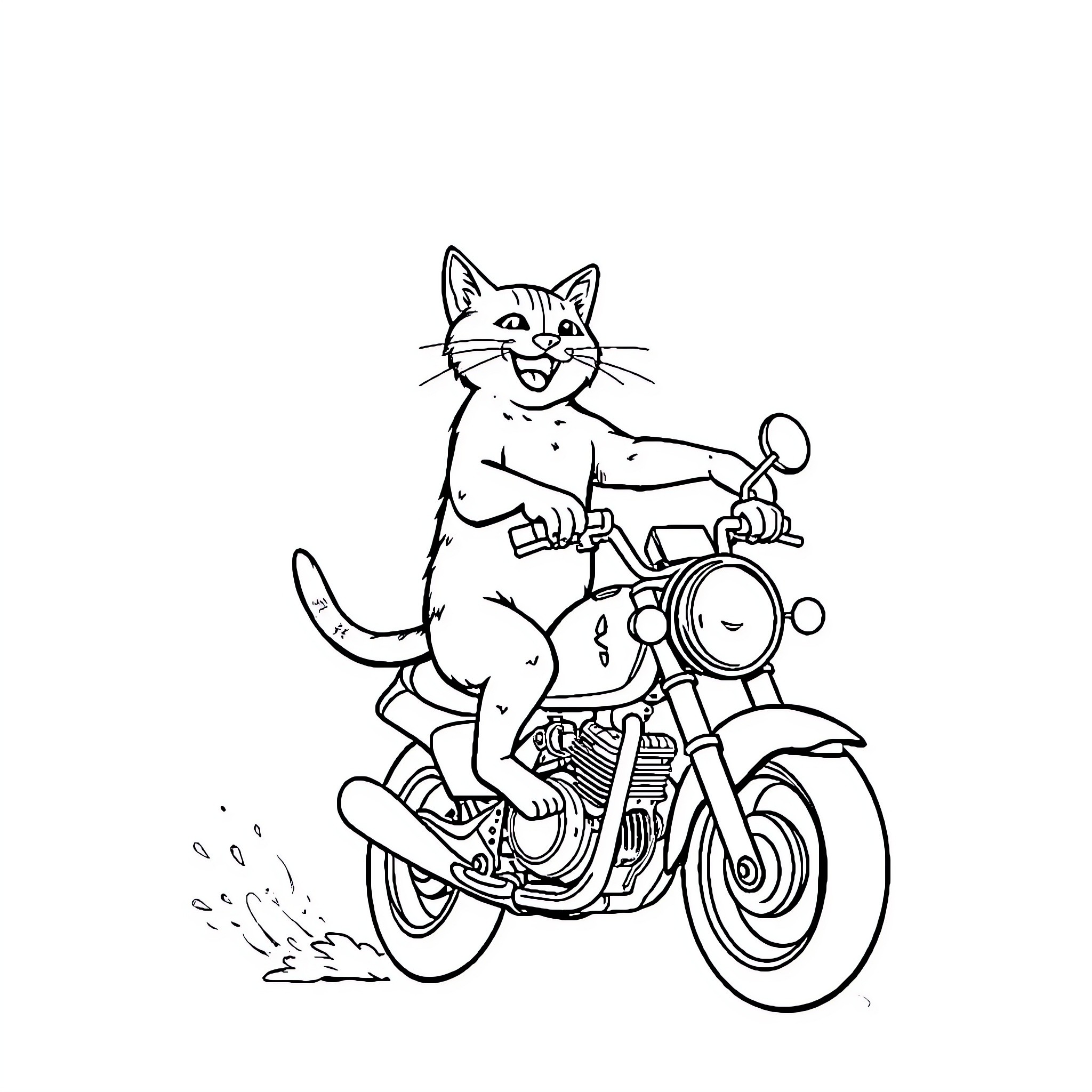 Chat with Happy Cat Riding Motorcycle Coloring Page (free black-and-white line drawing printable PDF for all, from beginners to advanced learners, including children, teens, adults, and seniors)