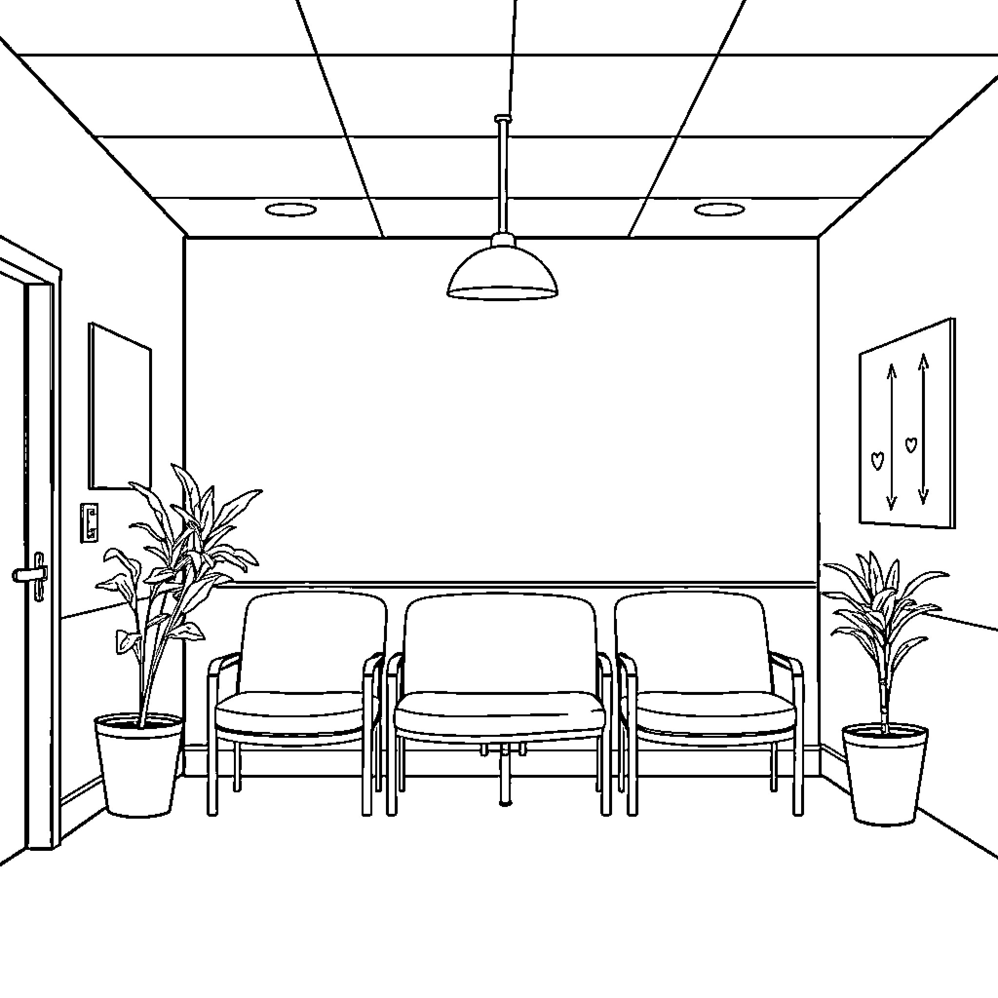 Behavioral Health: Waiting Room with Chairs and Potted Plants Coloring Page (free black-and-white line drawing printable PDF for all, from beginners to advanced learners, including children, teens, adults, and seniors)