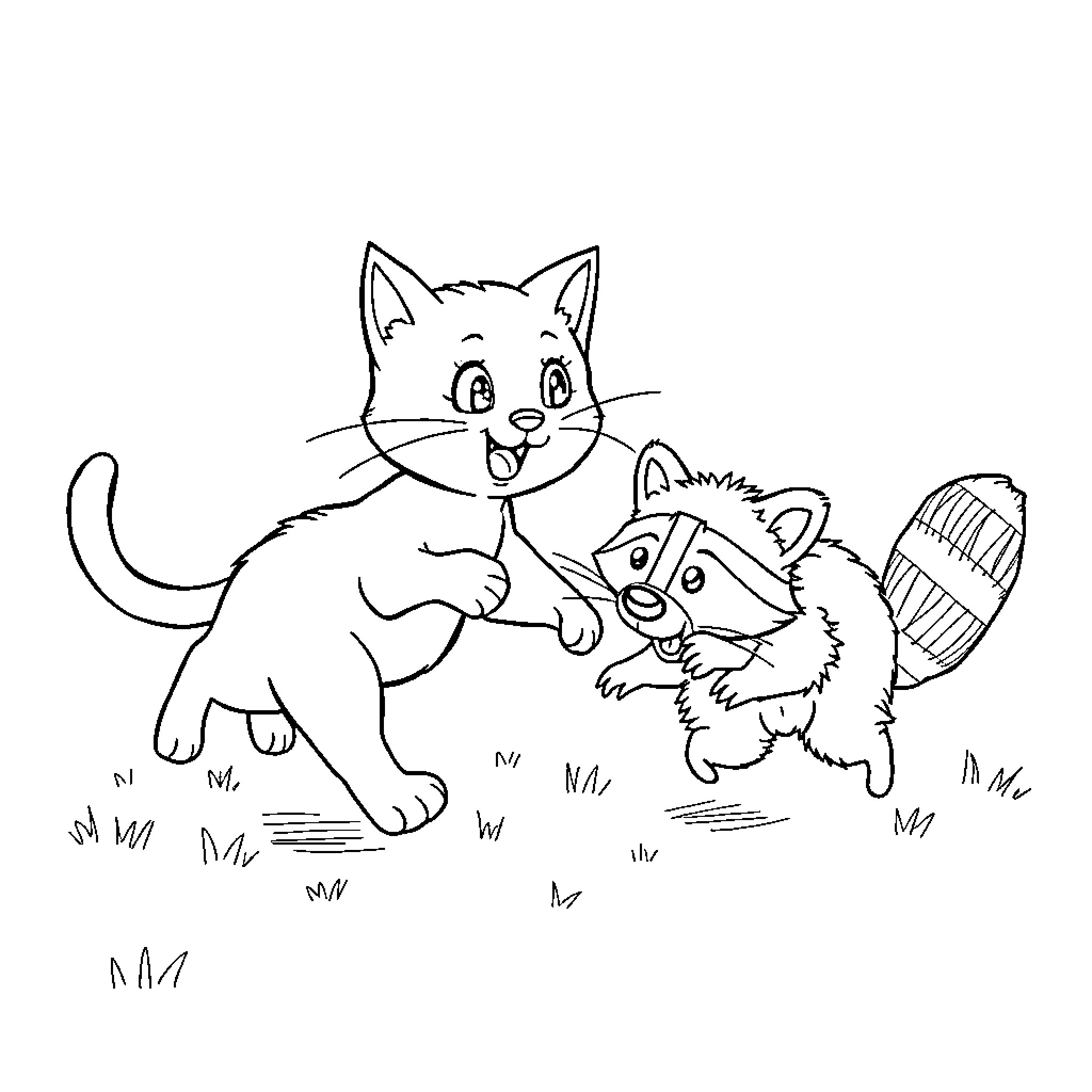 Cat and Raccoon Playfully Exploring Outdoors Coloring Page (free black-and-white line drawing printable PDF for all, from beginners to advanced learners, including children, teens, adults, and seniors)