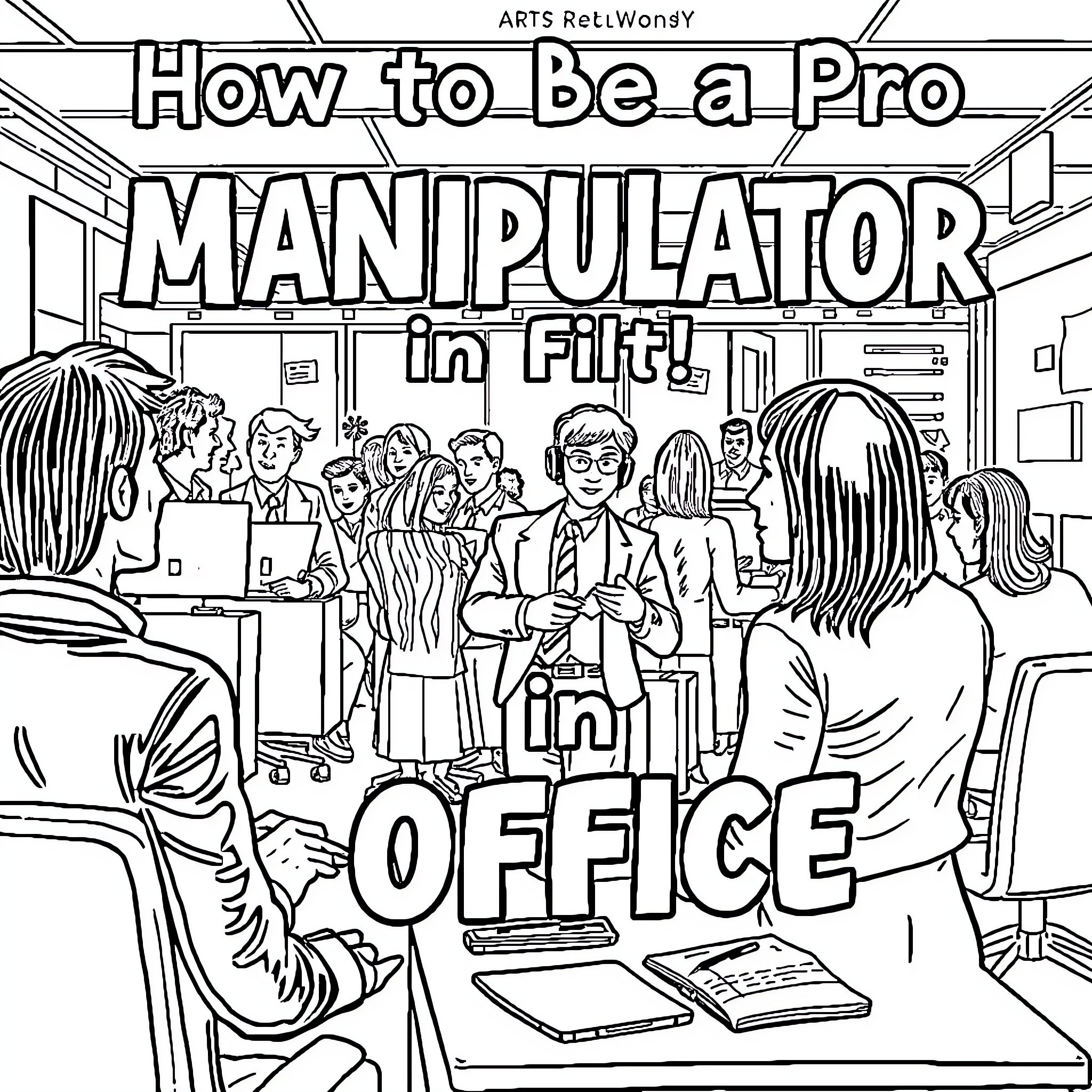 Book on How to Be a Pro Manipulator in Office Coloring Page (free black-and-white line drawing printable PDF for all, from beginners to advanced learners, including children, teens, adults, and seniors)