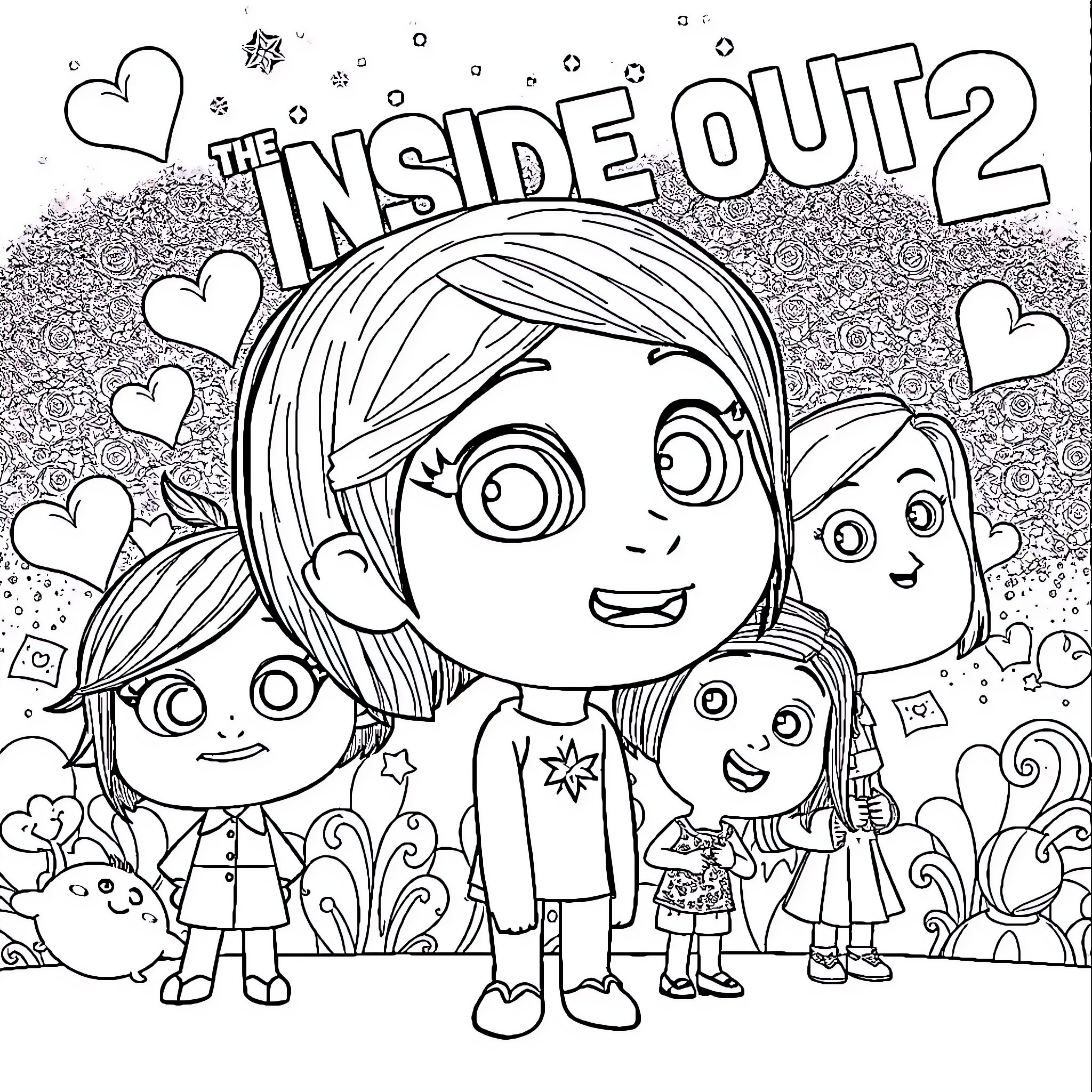 Inside Out 2 - Colorful Emotions and Playful Characters Coloring Page (free black-and-white line drawing printable PDF for all, from beginners to advanced learners, including children, teens, adults, and seniors)
