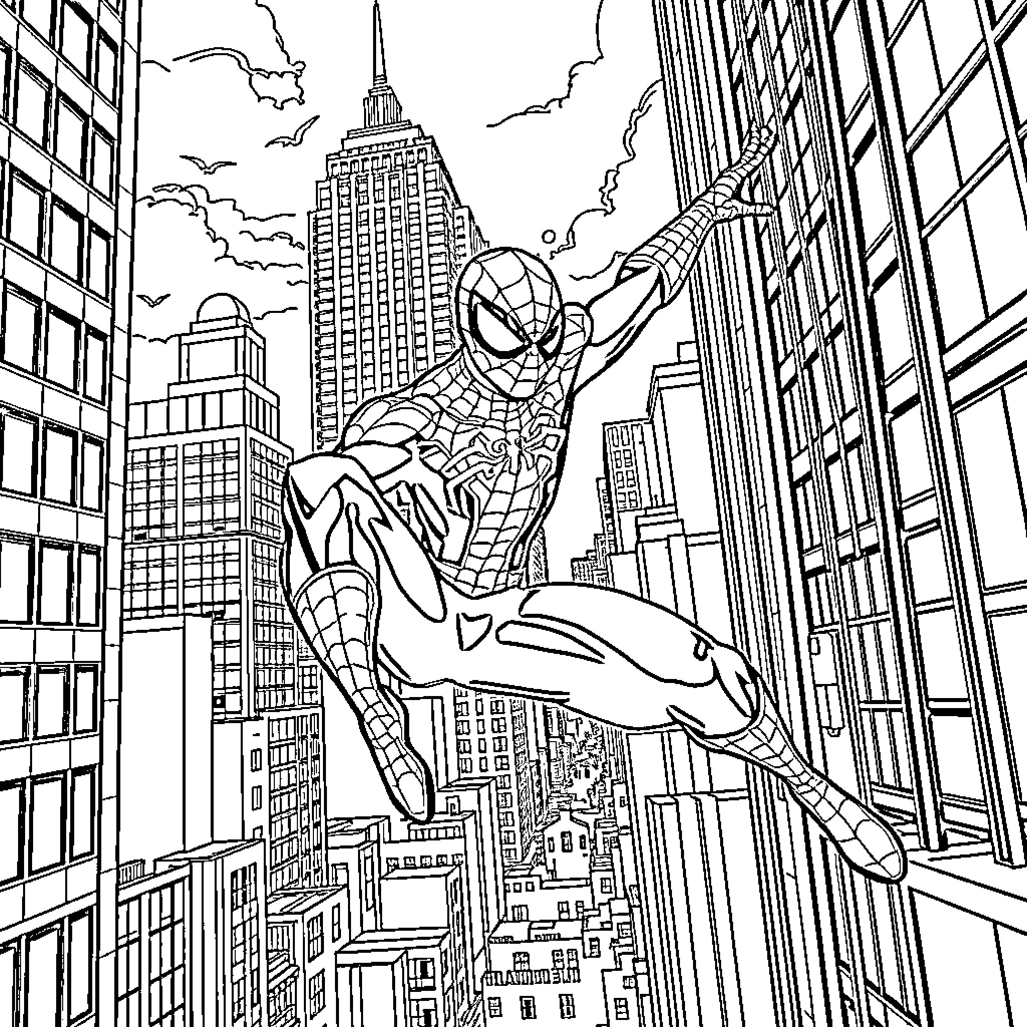 Spiderman swinging through the city skyline Coloring Page (free black-and-white line drawing printable PDF for all, from beginners to advanced learners, including children, teens, adults, and seniors)