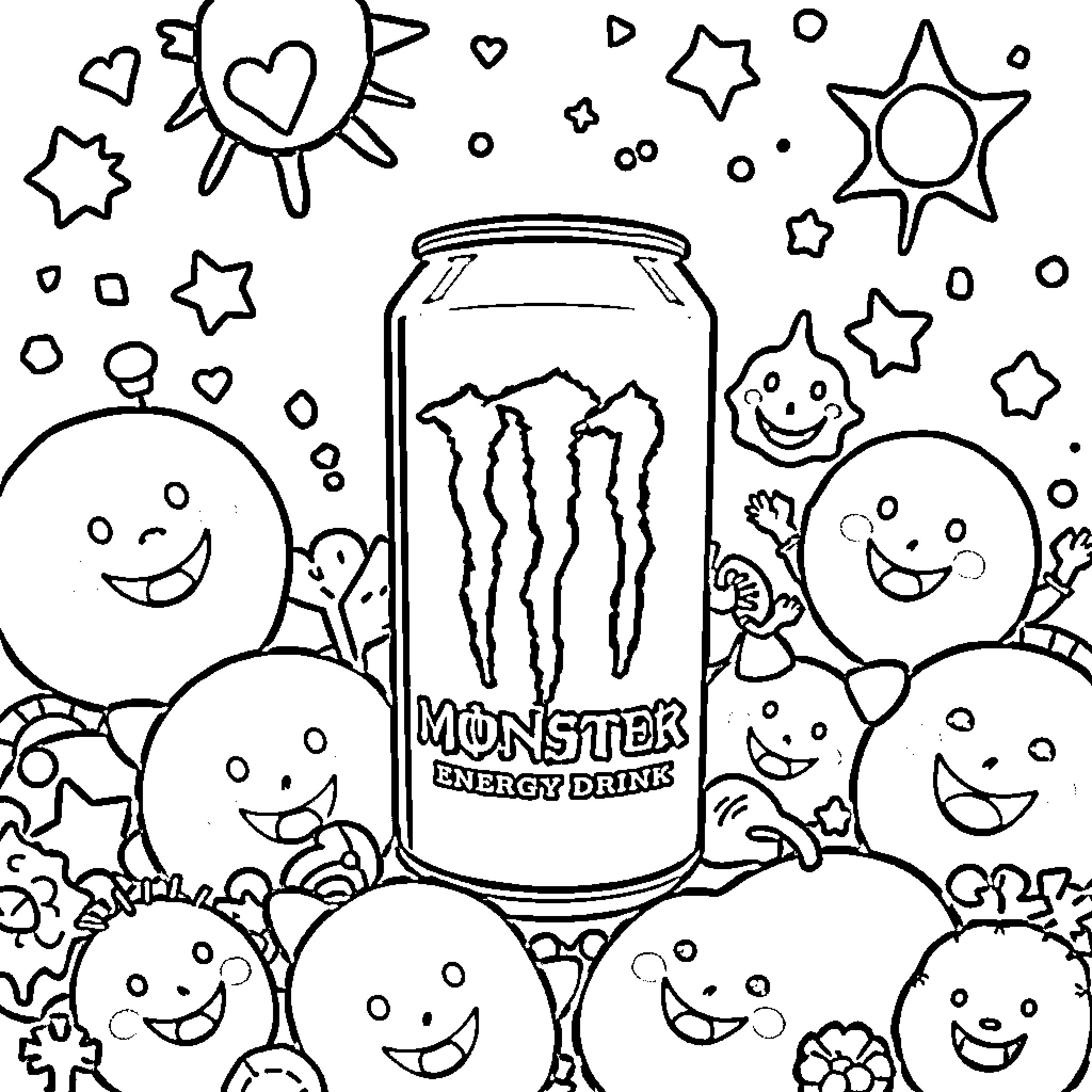 Monster creatures having a fun party with energy drinks Coloring Page (free black-and-white line drawing printable PDF for all, from beginners to advanced learners, including children, teens, adults, and seniors)