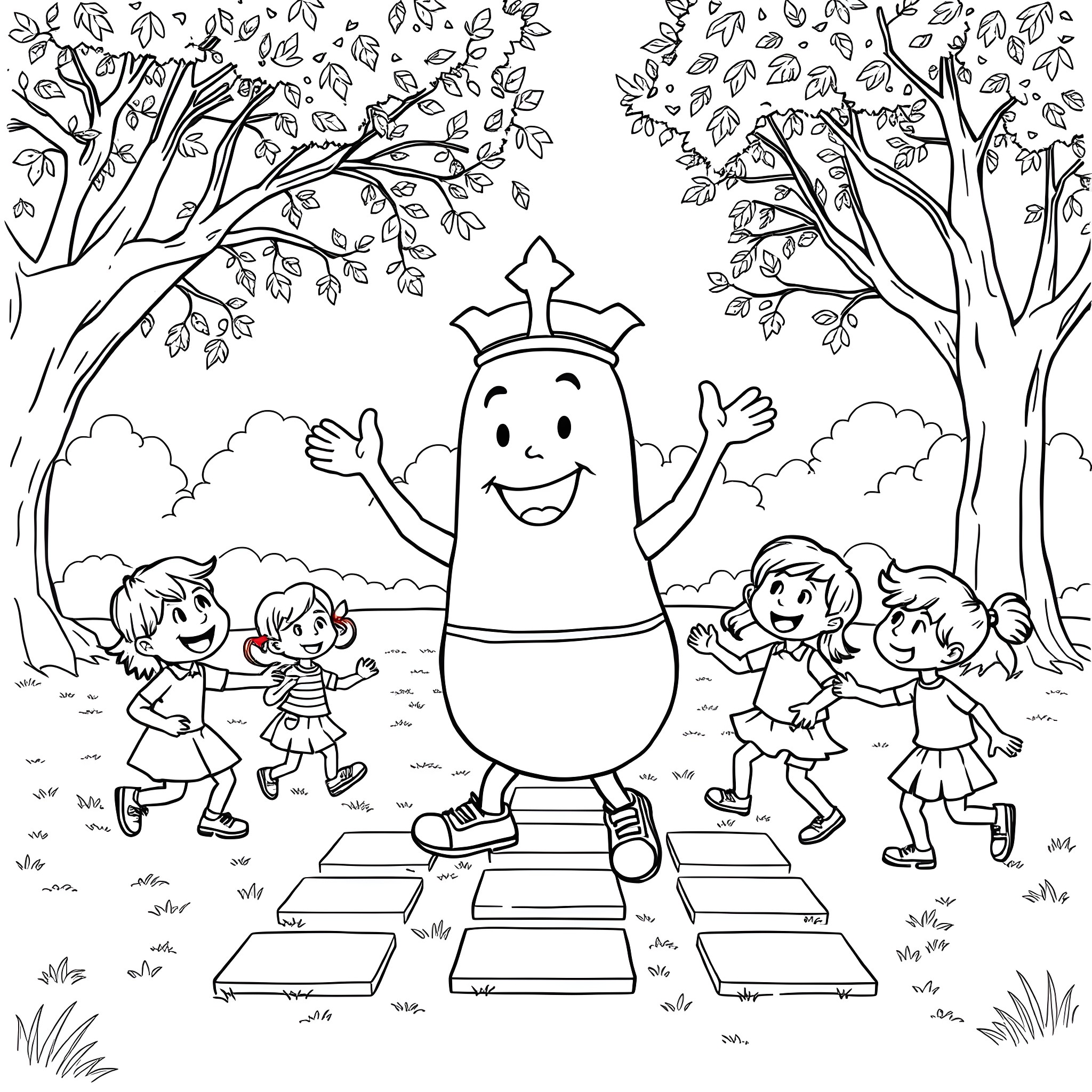 Potato and children playing happily in the park Coloring Page (free black-and-white line drawing printable PDF for all, from beginners to advanced learners, including children, teens, adults, and seniors)