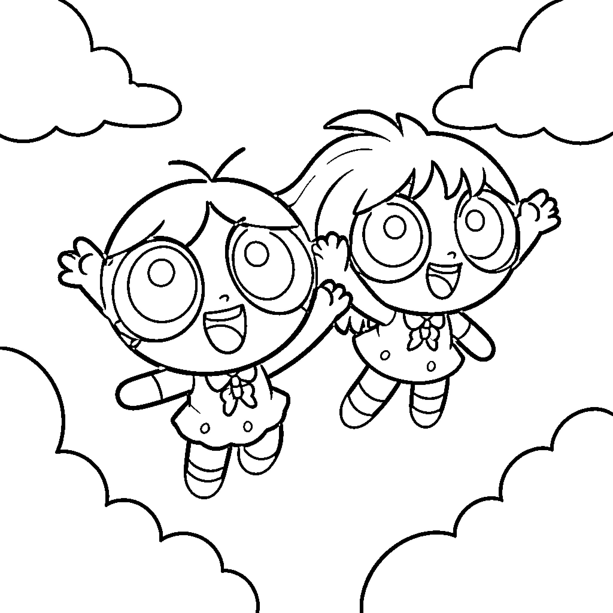 Powerpuff Girls flying joyfully through the clouds Coloring Page (free black-and-white line drawing printable PDF for all, from beginners to advanced learners, including children, teens, adults, and seniors)