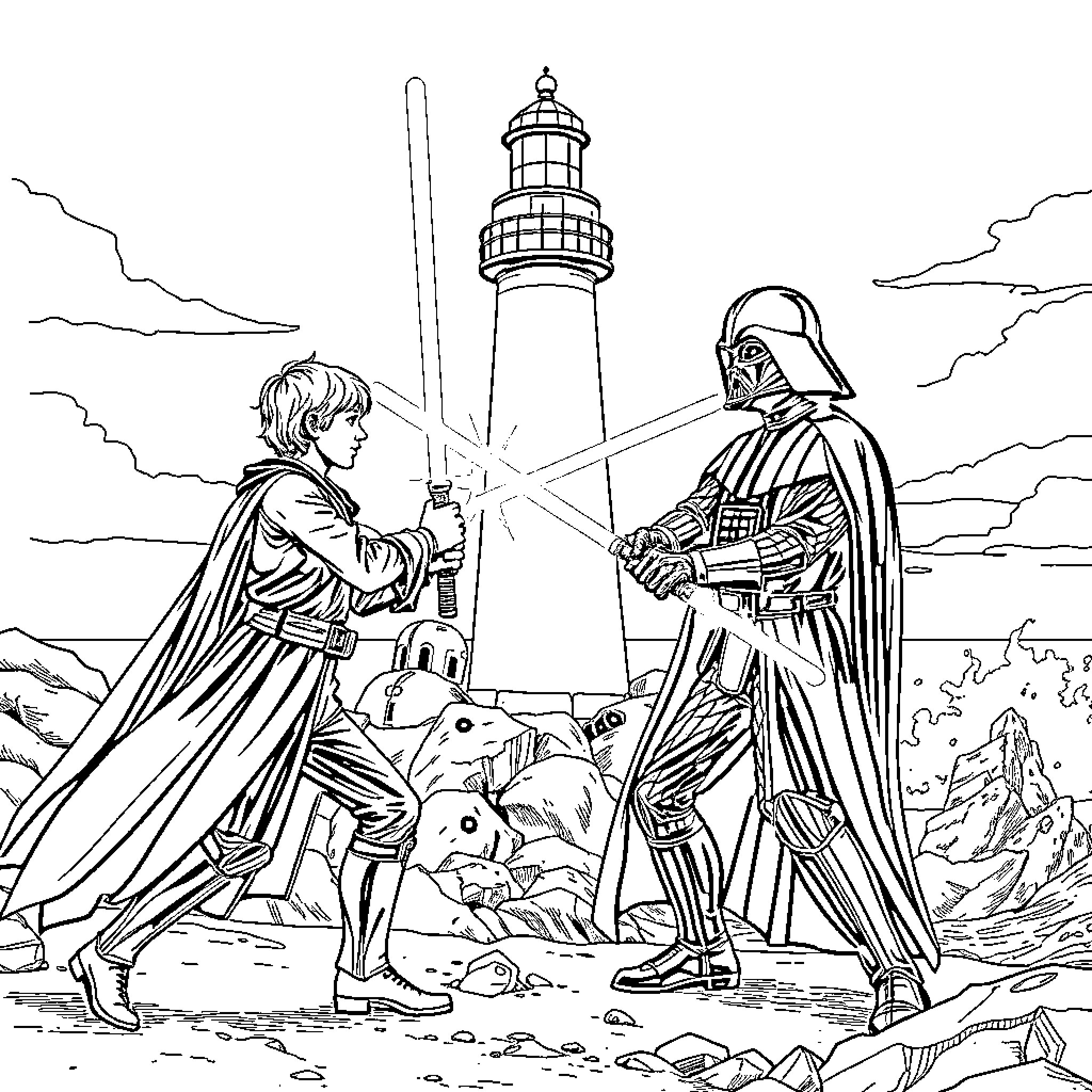 Luke Skywalker and Darth Vader in dramatic encounter near lighthouse Coloring Page (free black-and-white line drawing printable PDF for all, from beginners to advanced learners, including children, teens, adults, and seniors)