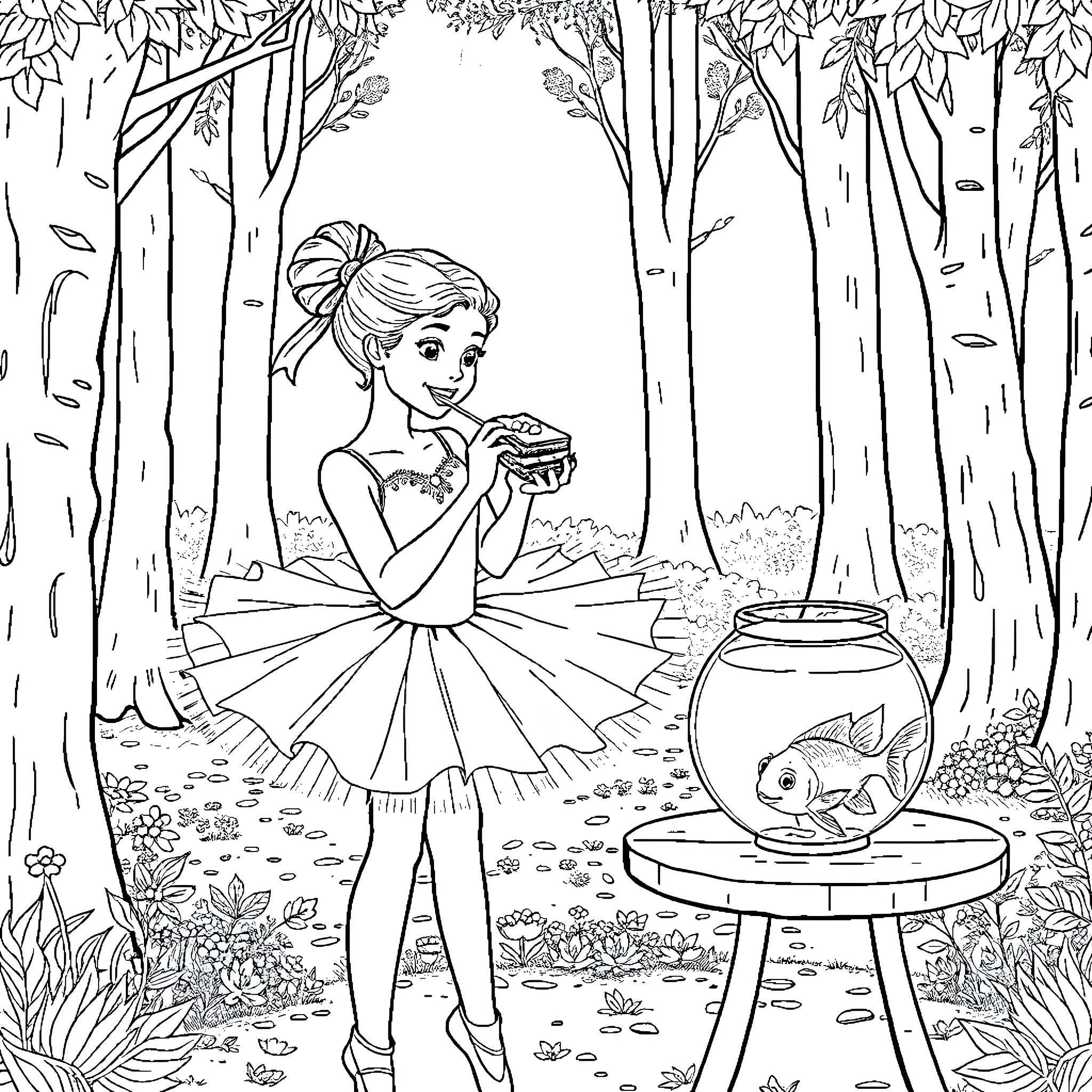 Ballerina dancing gracefully in a forest with a fishbowl Coloring Page (free black-and-white line drawing printable PDF for all, from beginners to advanced learners, including children, teens, adults, and seniors)