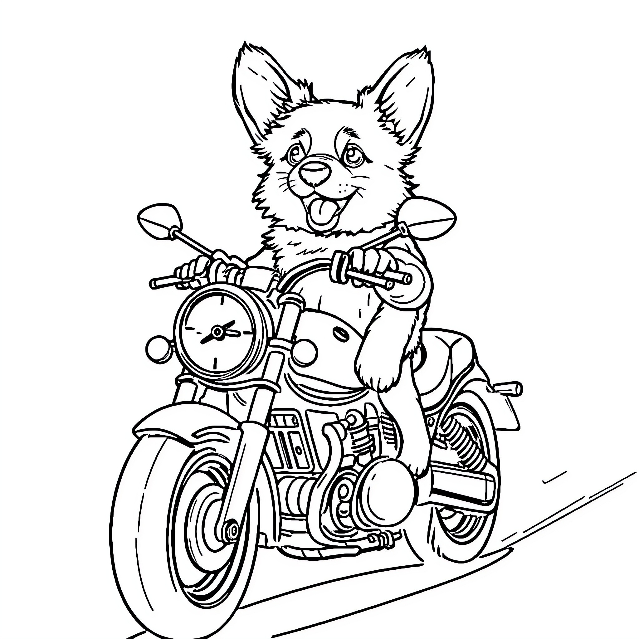 Corgi riding a motorcycle with excitement Coloring Page (free black-and-white line drawing printable PDF for all, from beginners to advanced learners, including children, teens, adults, and seniors)