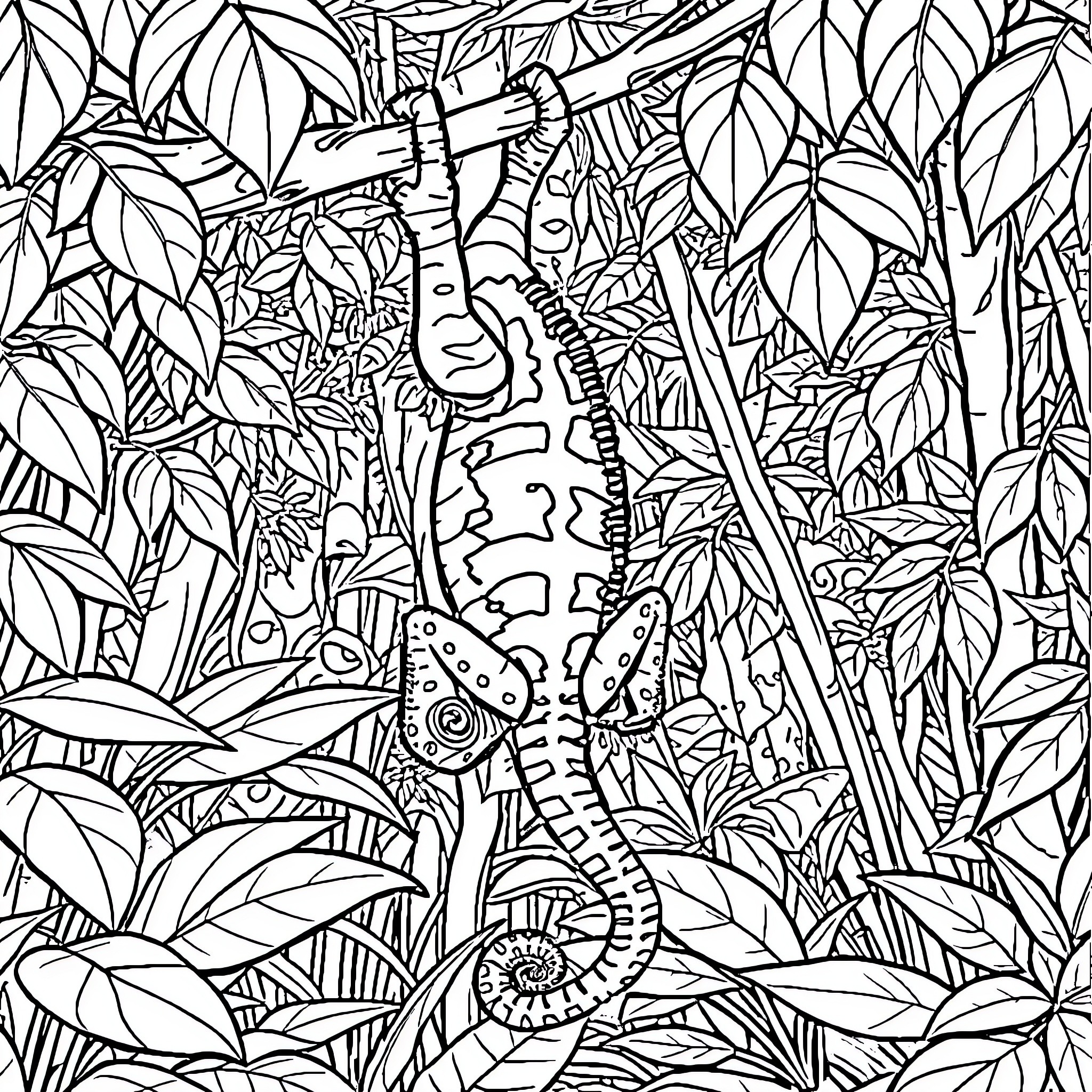 Chameleon Camouflaged in Lush Botanical Landscape Coloring Page (free black-and-white line drawing printable PDF for all, from beginners to advanced learners, including children, teens, adults, and seniors)