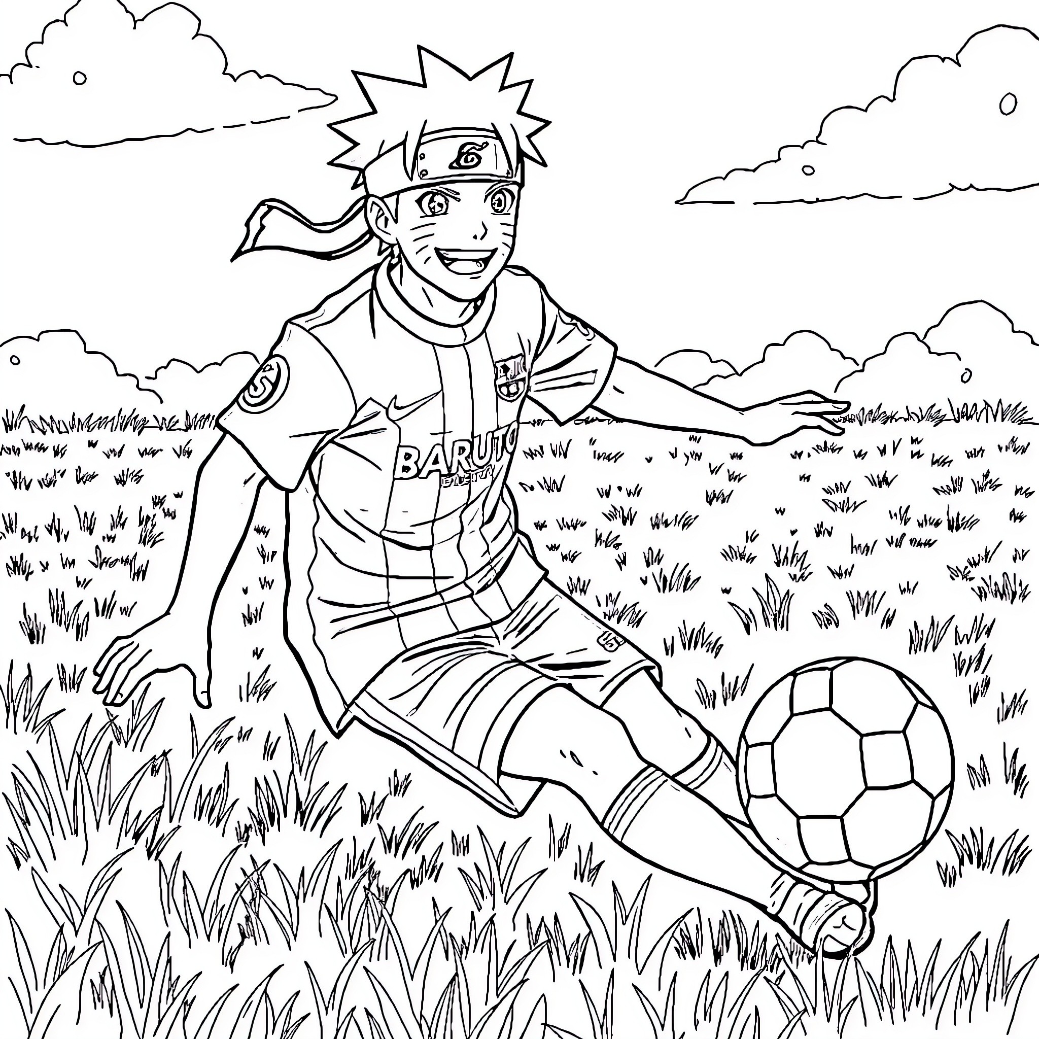 Naruto playing soccer in an outdoor field Coloring Page (free black-and-white line drawing printable PDF for all, from beginners to advanced learners, including children, teens, adults, and seniors)