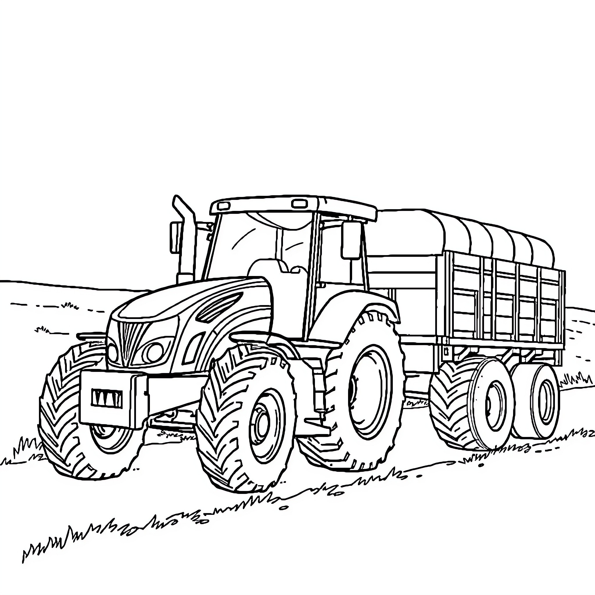 Tractor hauling trailer through countryside Coloring Page (free black-and-white line drawing printable PDF for all, from beginners to advanced learners, including children, teens, adults, and seniors)