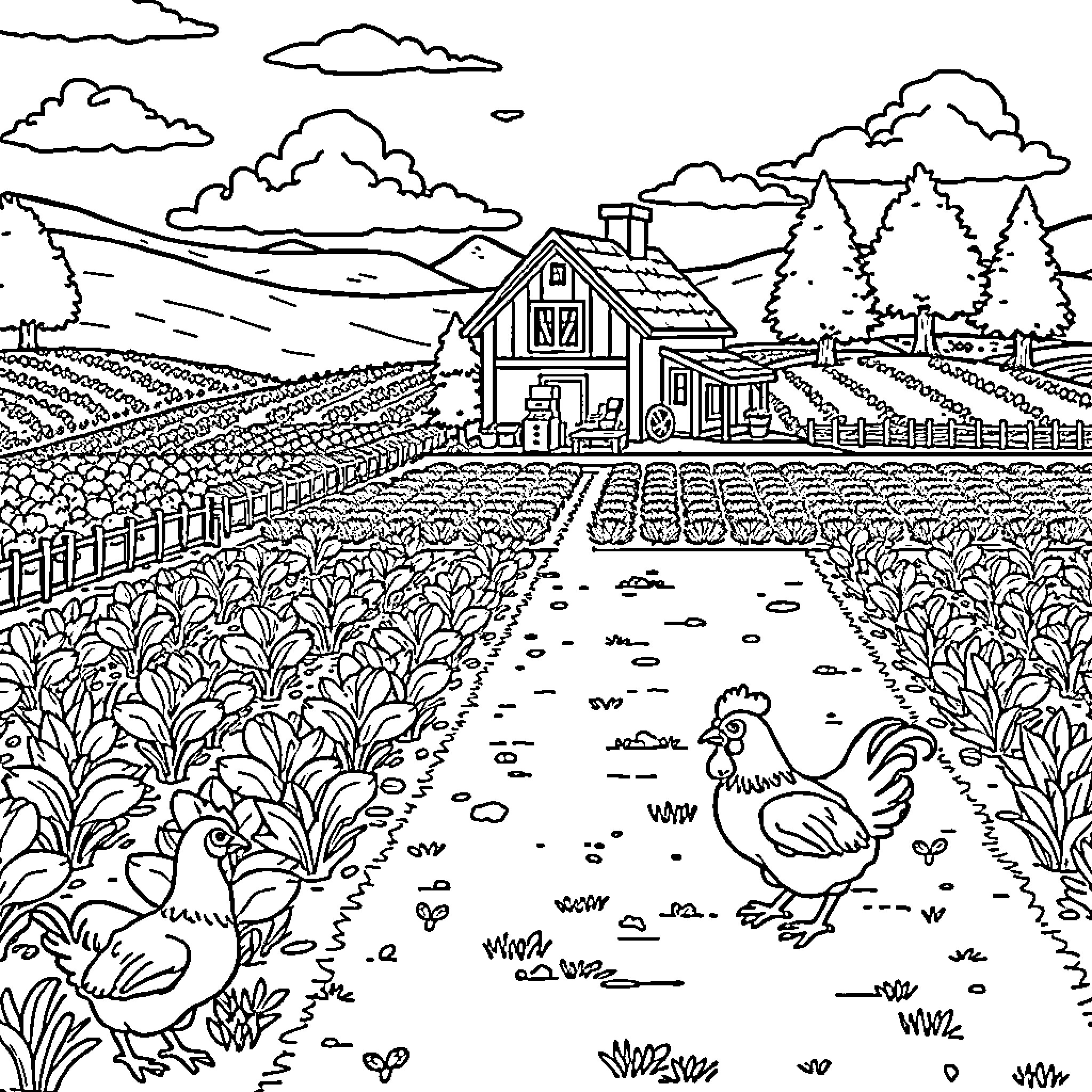 Farm scene with rustic house and chickens Coloring Page (free black-and-white line drawing printable PDF for all, from beginners to advanced learners, including children, teens, adults, and seniors)