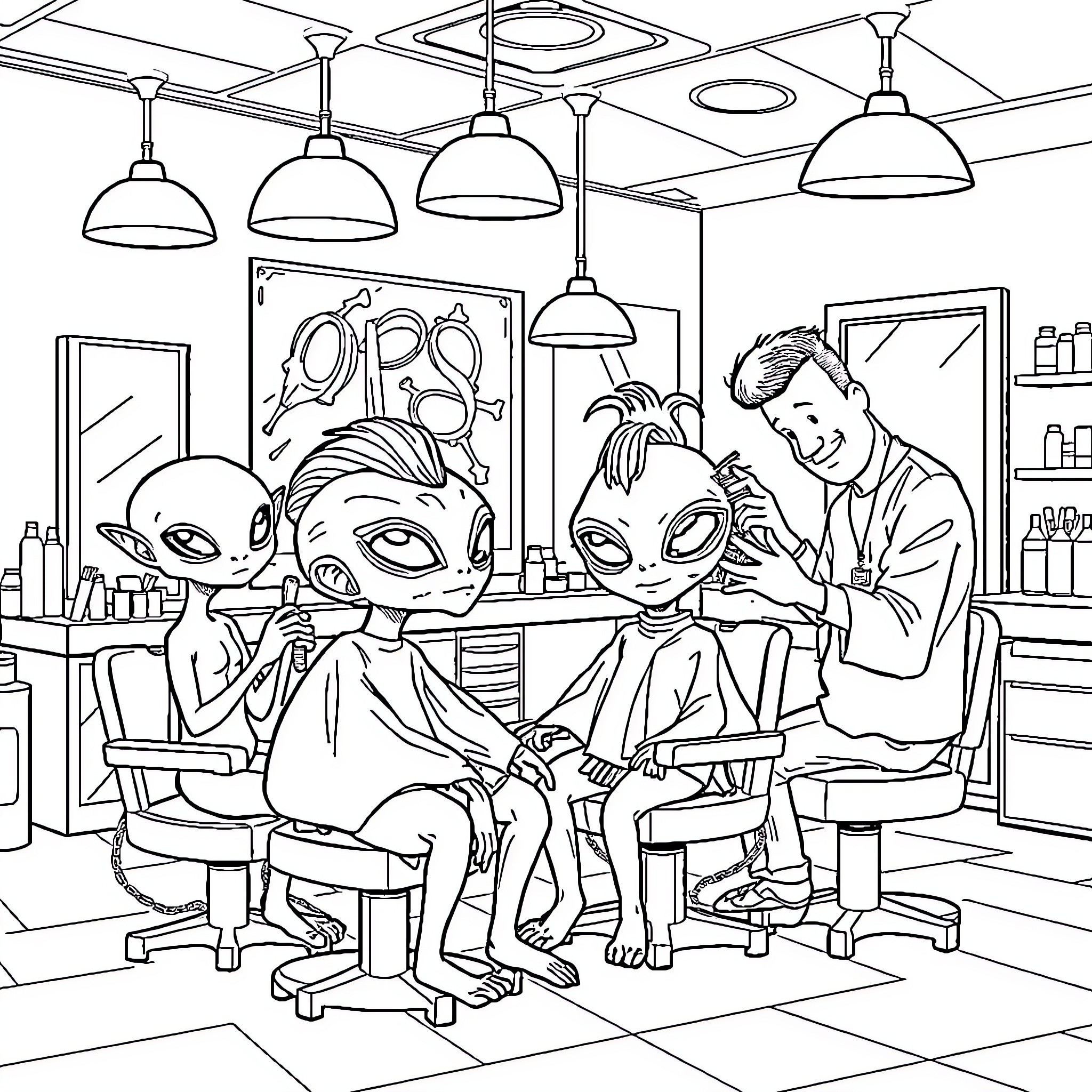 Alien Creatures Visiting a Human Barber Shop Coloring Page (free black-and-white line drawing printable PDF for all, from beginners to advanced learners, including children, teens, adults, and seniors)
