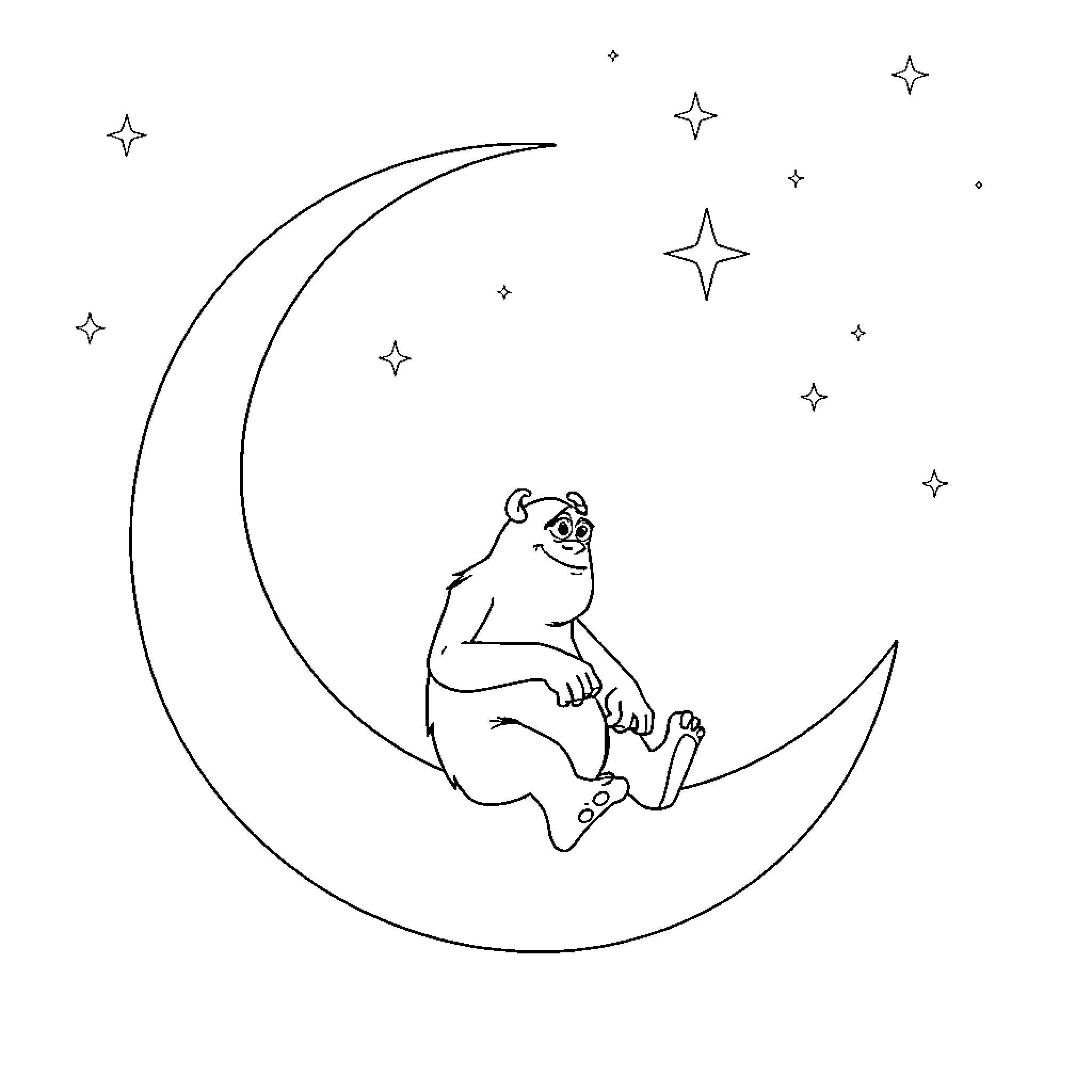 Sully relaxing on the crescent moon under the stars Coloring Page (free black-and-white line drawing printable PDF for all, from beginners to advanced learners, including children, teens, adults, and seniors)