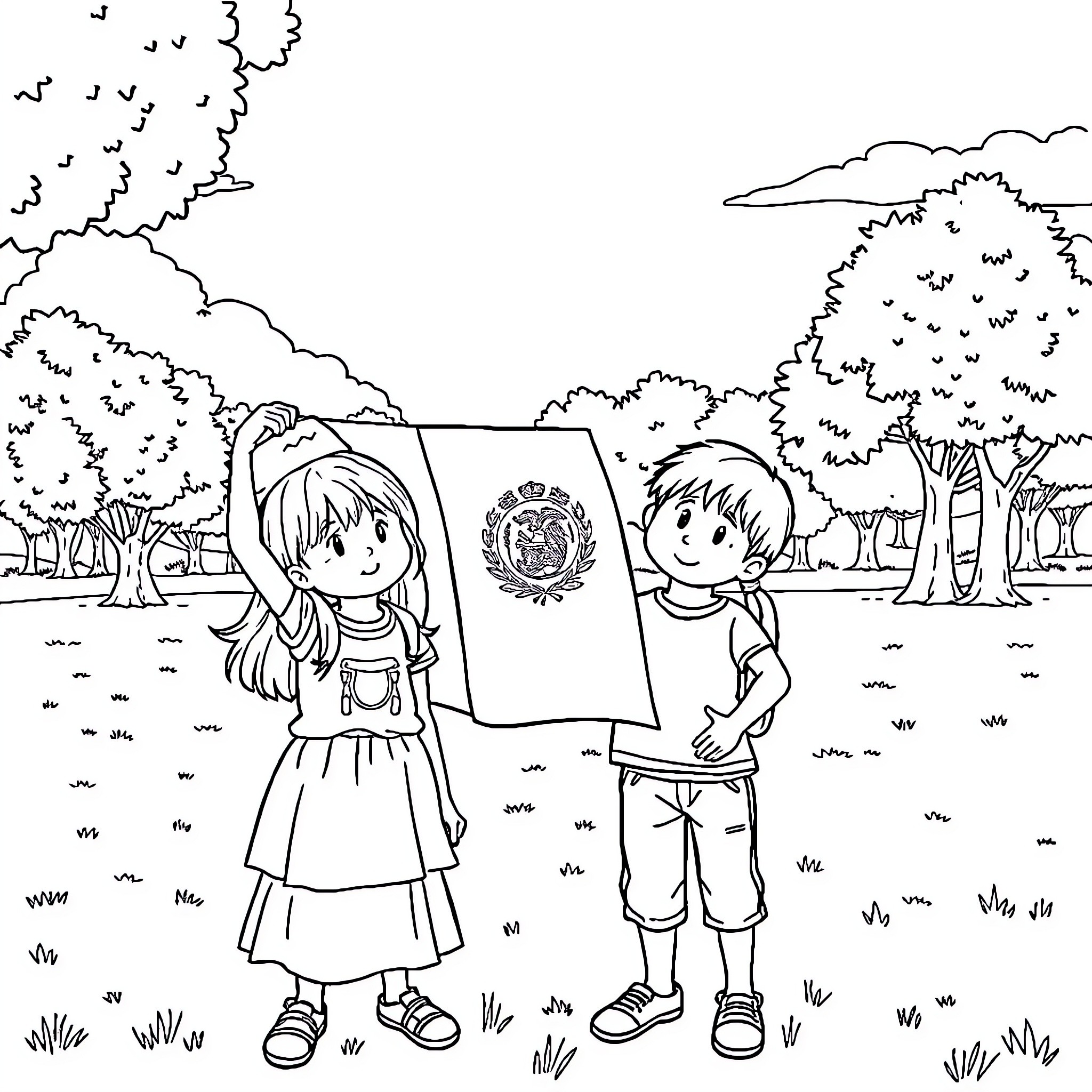Child Exploring Outdoor Adventure with Friends Coloring Page (free black-and-white line drawing printable PDF for all, from beginners to advanced learners, including children, teens, adults, and seniors)